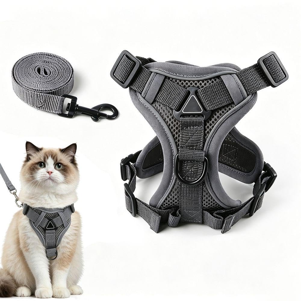 Cat Harness and Lead Set Adjustable Reflective Escape Proof Breathable Soft Mesh Vest Harness for Small Cats Dogs Walking Chest 34-40cm Neck 24-34cm (M, Grey)