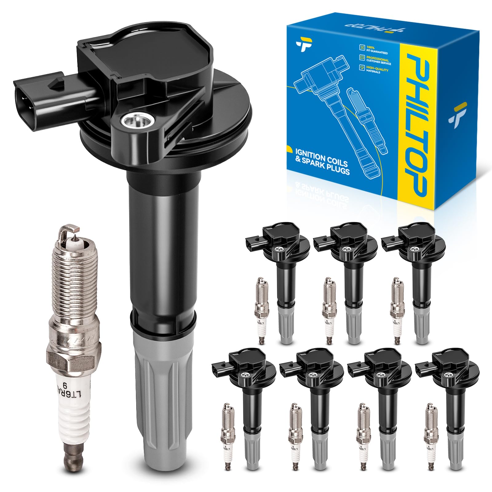 PHILTOP 8 Ignition Coils &amp; 8 Spark Plugs Set Fit for Ford F-150 Mustang | Ford F-150 2011-2016 5.0L, Mustang 2011-2015 5.0L, UF622