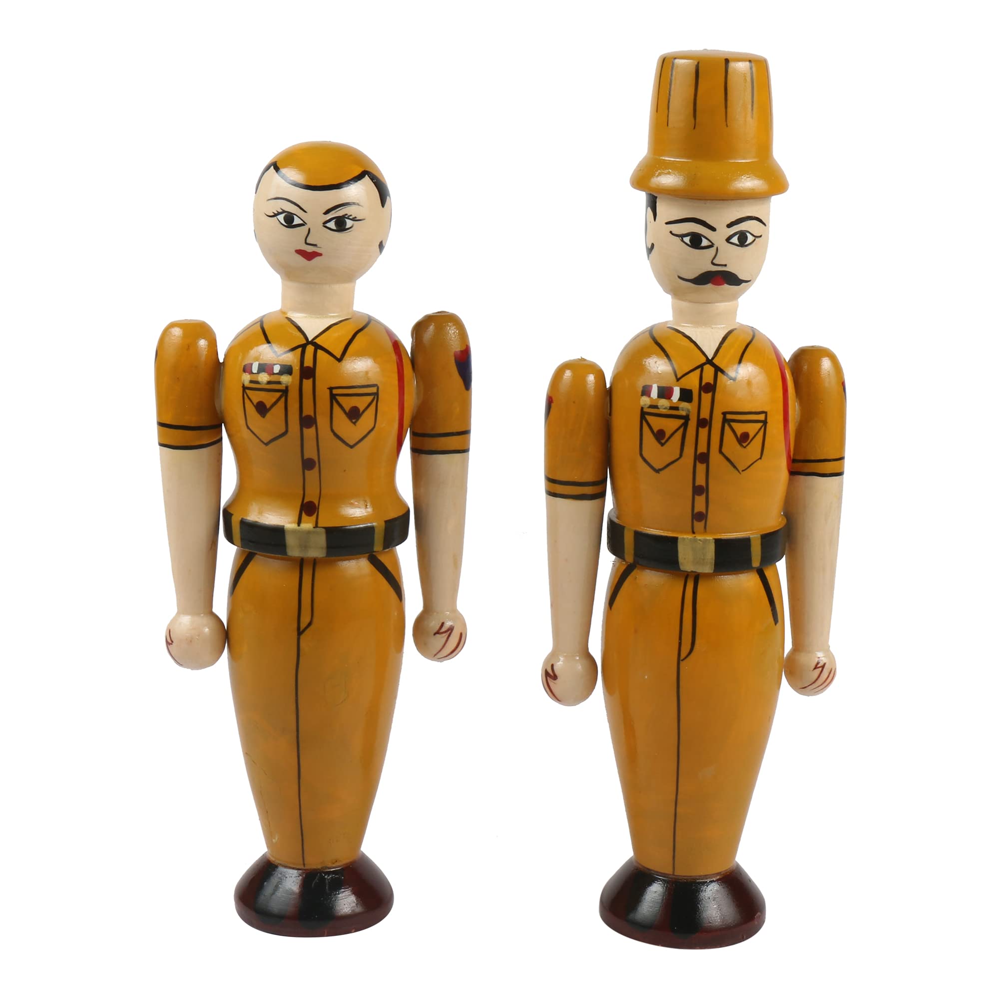 Channapatna Toys Wooden Police Couple Dolls for Kids (3 Years+) 9 inch Khaki Color- Set of 2 pcs - Learning The Professions
