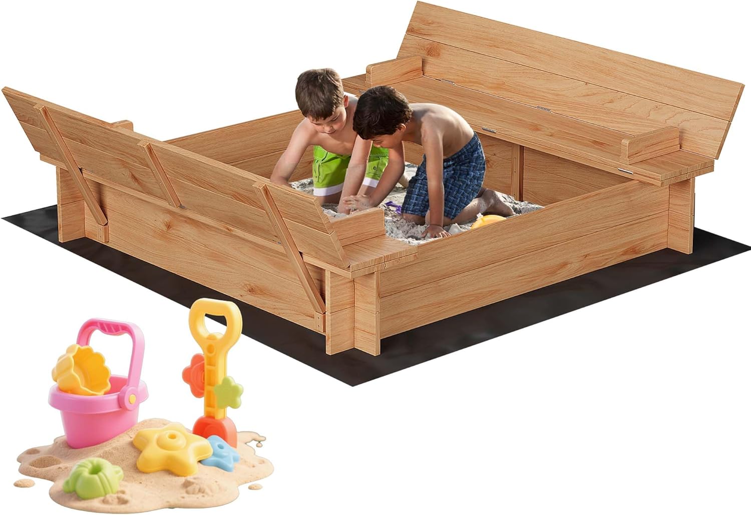 47x47 Wooden Sandbox with Cover and 2 Bench Seats, Outdoor Kids Sand Pit with Bottom Liner for Ages 3-8, Solid Fir Wood Sand Box for Backyard, Patio, Beach