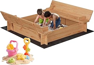 47x47 Wooden Sandbox with Cover and 2 Bench Seats, Outdoor Kids Sand Pit...