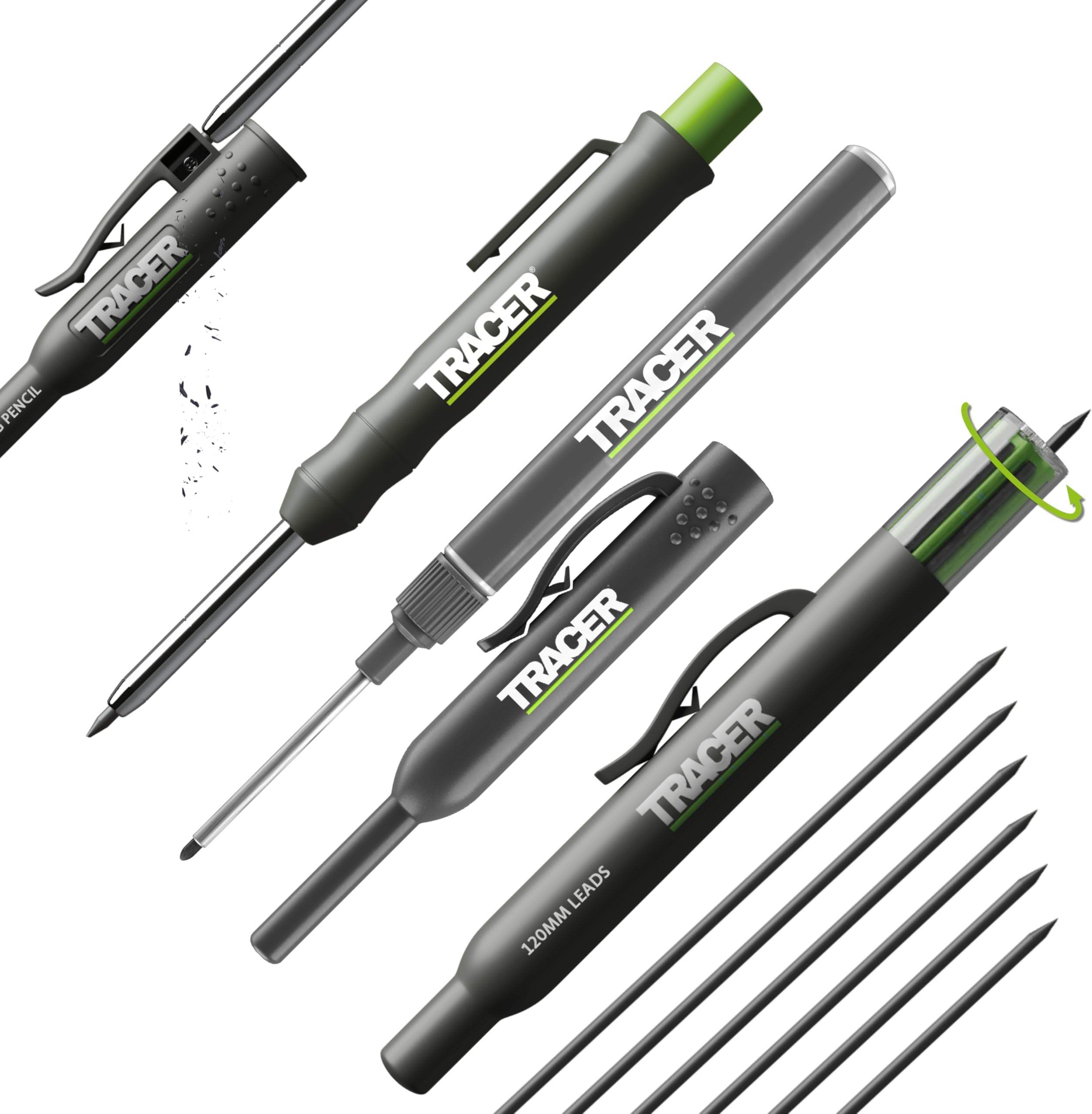 Tracer Deep Hole Construction Pencil and Pen Kit with 6X Replacement Leads and Site Holsters. Carpenter pencil Marking Kit