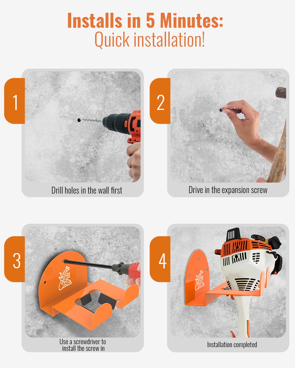 Weedeater Rack & Garden Tool Hanger – Paquete de 4 – Juego de montaje en pared de aleación de acero resistente de 180 libras, para herramientas eléctricas Stihl, recortadora de césped, herramientas de