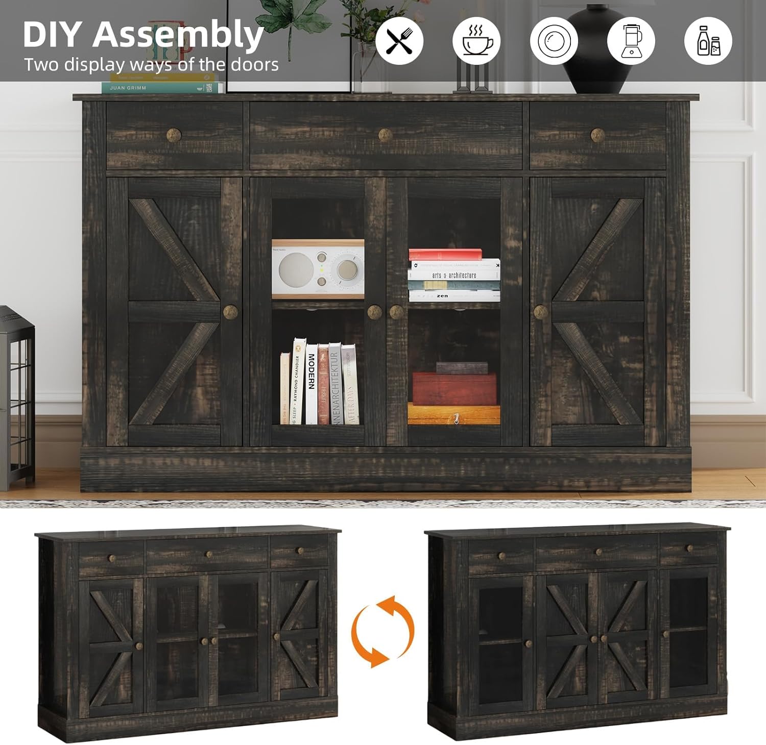 4 EVER WINNER 55" Coffee Bar with 4 Glass Doors and 3 Drawers, Sideboard Buffet Cabinet with Storage, Farmhouse Coffee Bar Cabinet with Adjustable Shelves for Kitchen, Dining Room, Rustic Oak