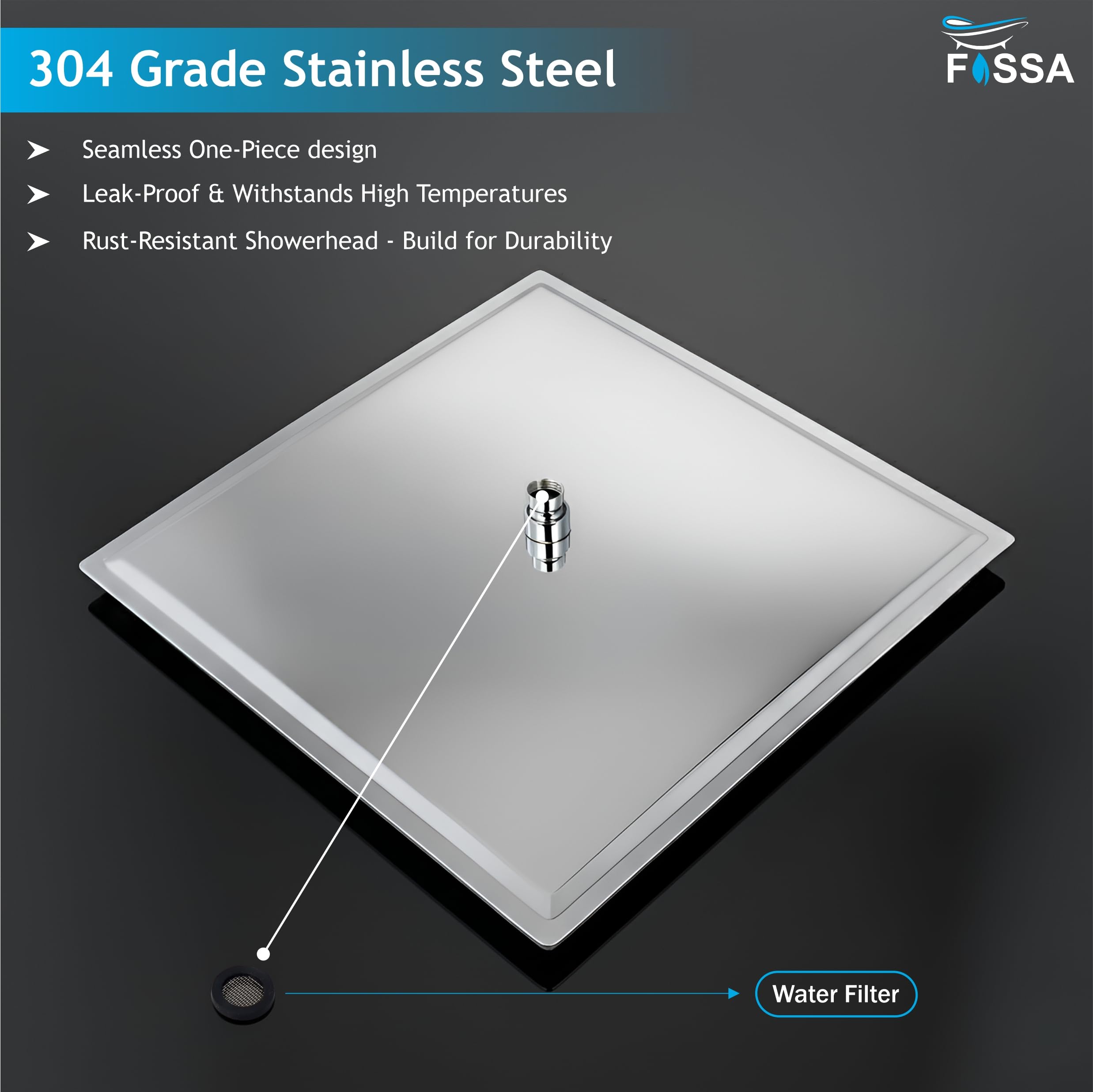 Fossa Ultra 16x16 Inch 1-YEAR WARRANTY 304 Stainless Steel Rain Shower Head – Overhead Shower, High Pressure with 360° Rotation, Self-Cleaning Silicone Nozzles (Chrome Finish) 3