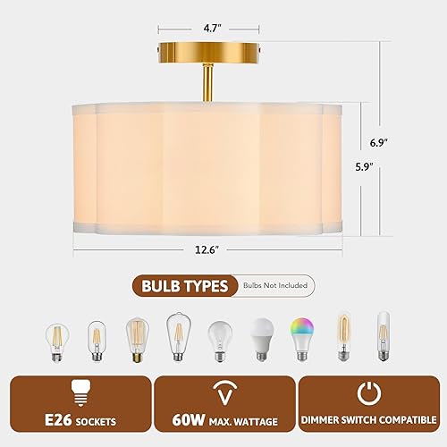 Miniatura 5 de VONLUCE Lámpara de techo semiempotrada, lámpara de techo de 12.6 pulgadas con pantalla de tela en forma de flor, lámpara moderna de 3 luces para