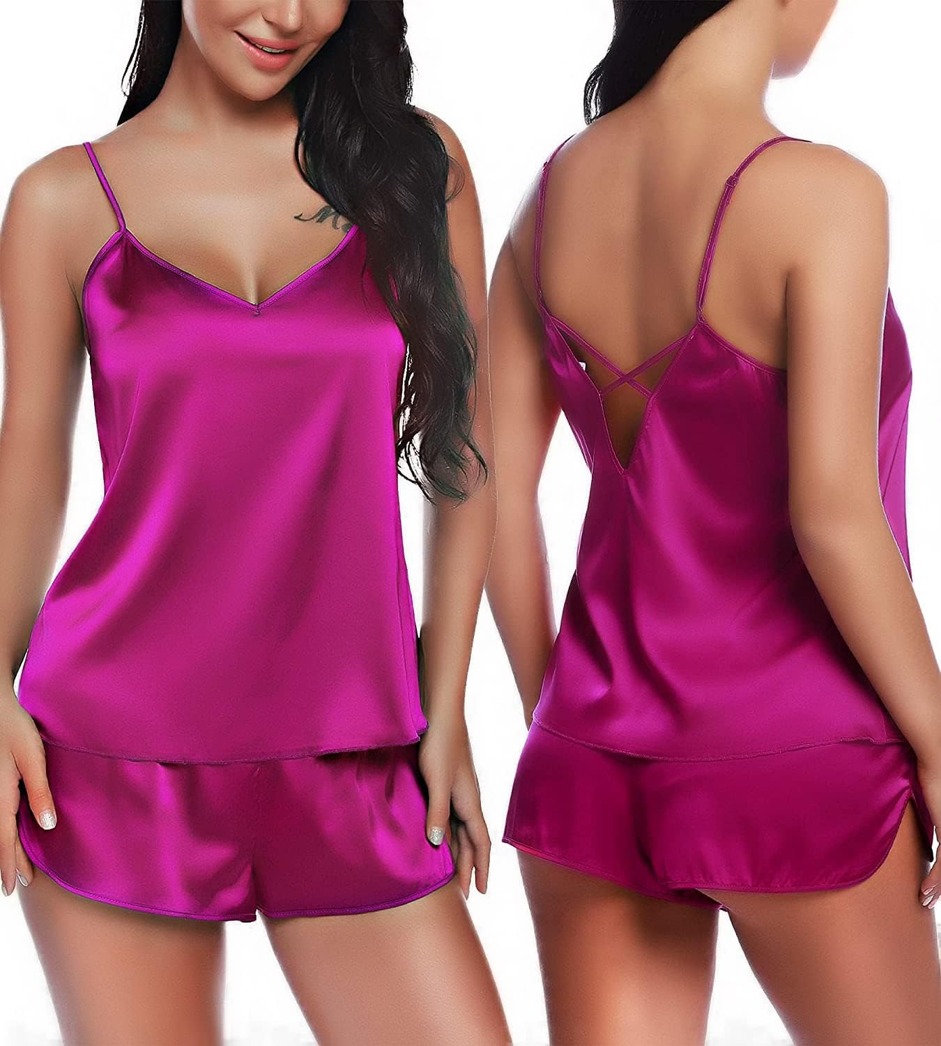 RSLOVE Women V Neck Sexy Lingerie Satin Sleepwear Pajamas Cami Shorts Set Nightwear
