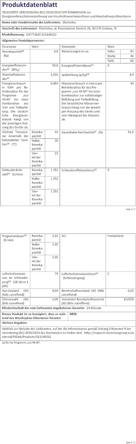 Lavatrice carica dallalto Electrolux EW7T363S [Classe di efficienza energetica B]