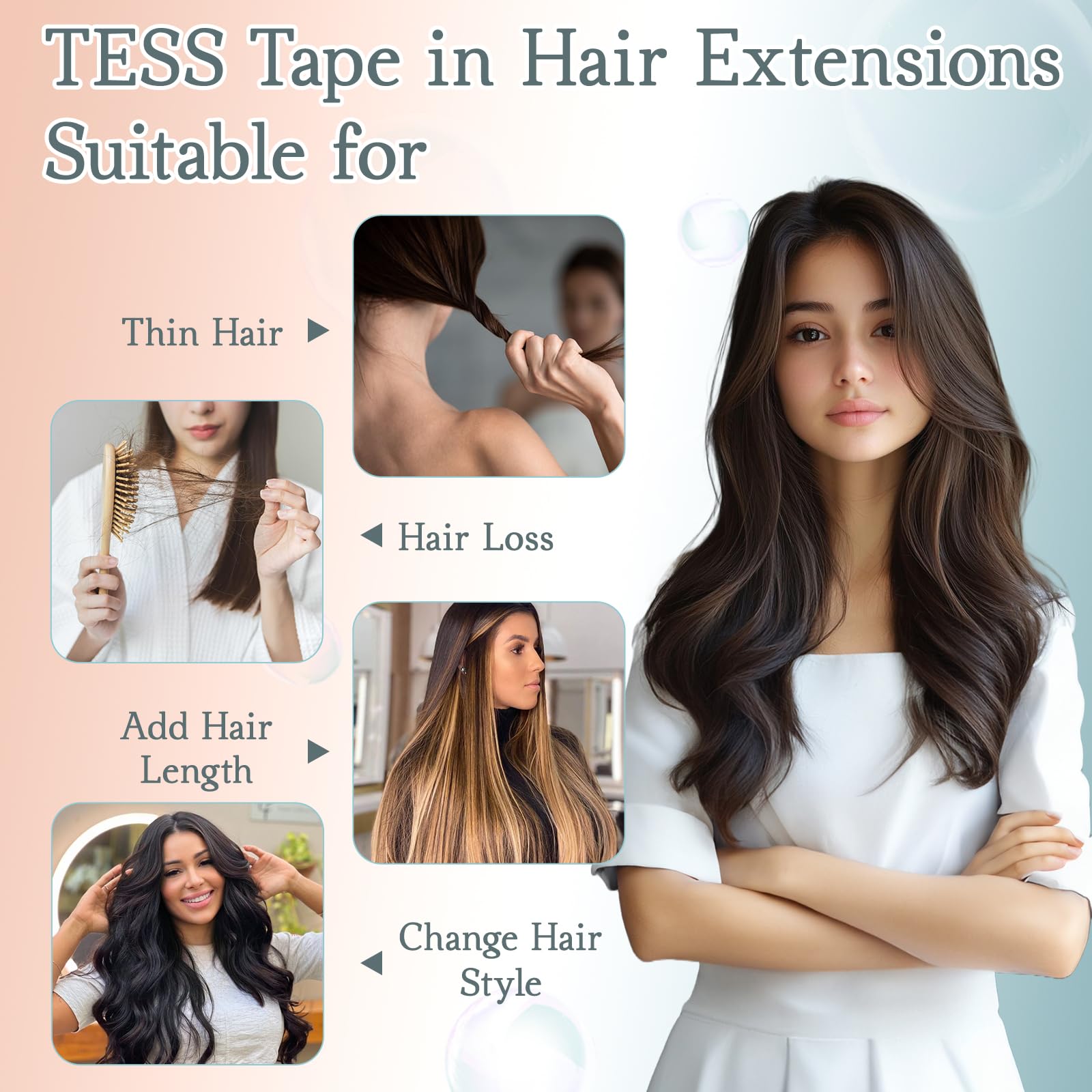 TESS Hair Extensions Tape In Real Human Hair Invisible Thin Type 10 Pcs 15G Lightweight For Highlight Straight Short - Image 2