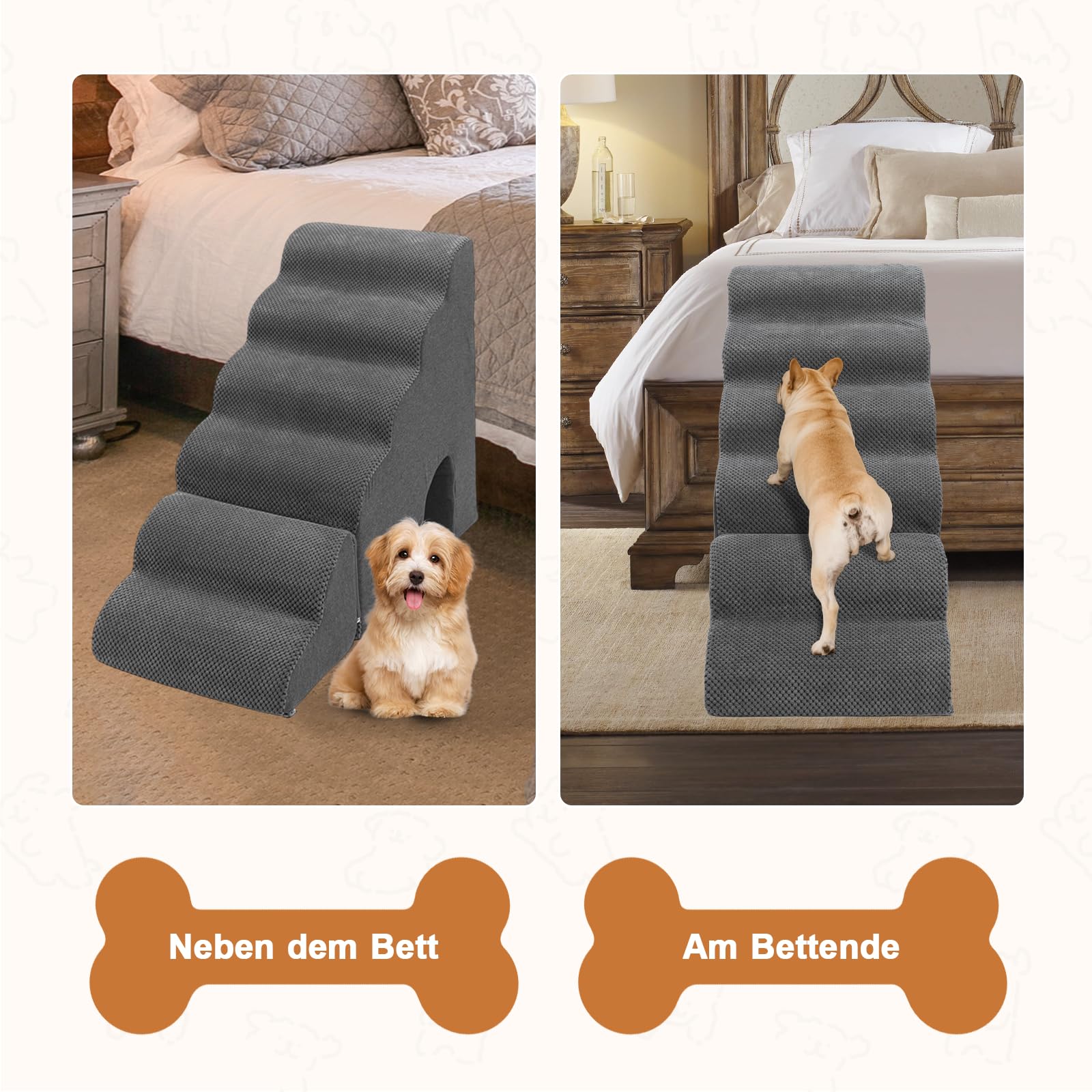 Escalera para perros de 60 cm de altura para cama, 6 peldaños para cama con somier | Escalera antideslizante para mascotas de color gris oscuro para perros pequeños o lesionados