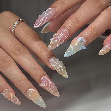 LPOODDNU Almond Press On Nails 3D Effect Butterfly False Nails Glossy Pink Summer Press Ons with Designs Medium Length Exquisite Glue On Cute Stick Ons for Women French Manicure