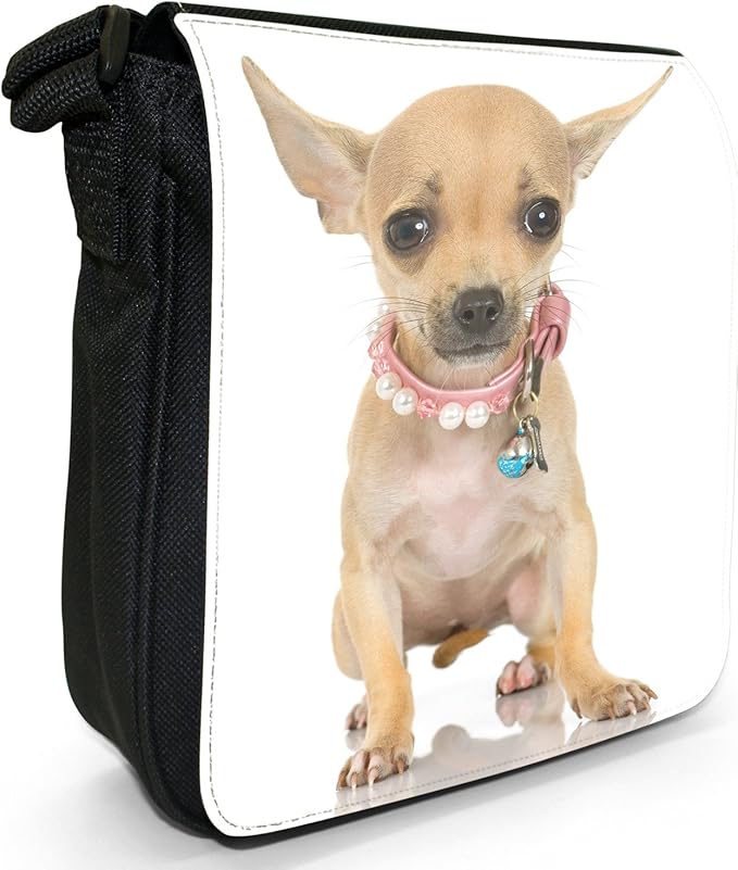 Chihuahua Dog Sitting Small Black Canvas Shoulder Bag / Handbag
