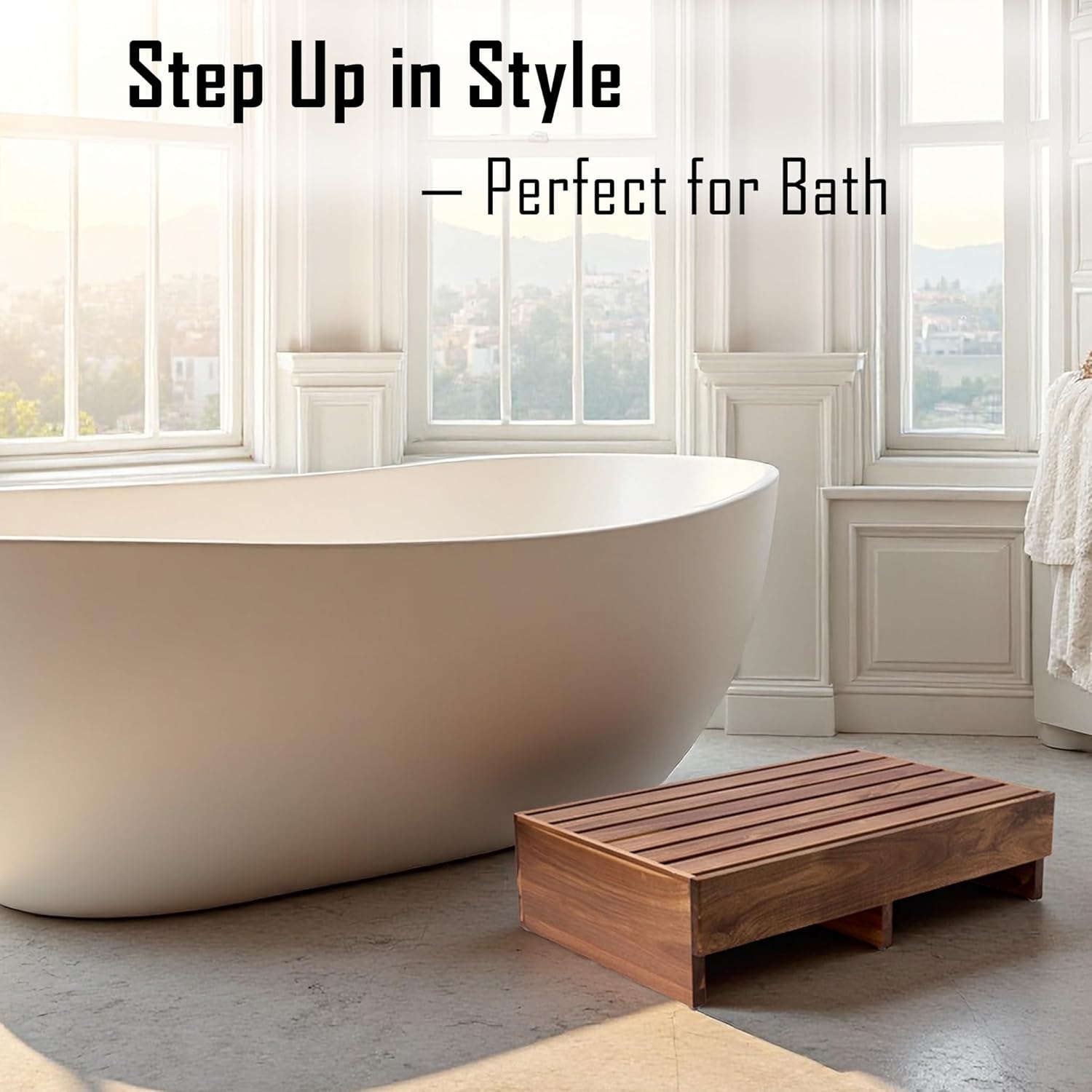 Acacia Wood Step Platform (25'' L x 16'' W x 6.5'' H, No Assembly Required), Outdoor Steps with Non-Skip Pads for Seniors, Wooden One Step Stool for Bed, Stair, Bathroom, Kitchen, Garden
