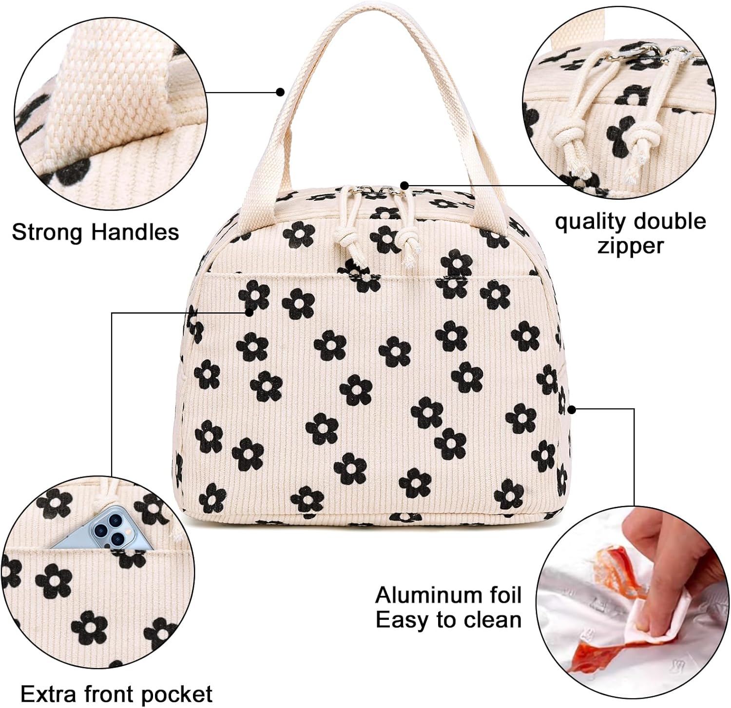 Bluboon Lunch Bag for Women Men Cute Corduroy Lunch Tote Bags Reusable Insulated Lunch Box Large Capacity Reusable Insulated Cooler for Work Picnic or Travel (Corduroy floral) - Image 5