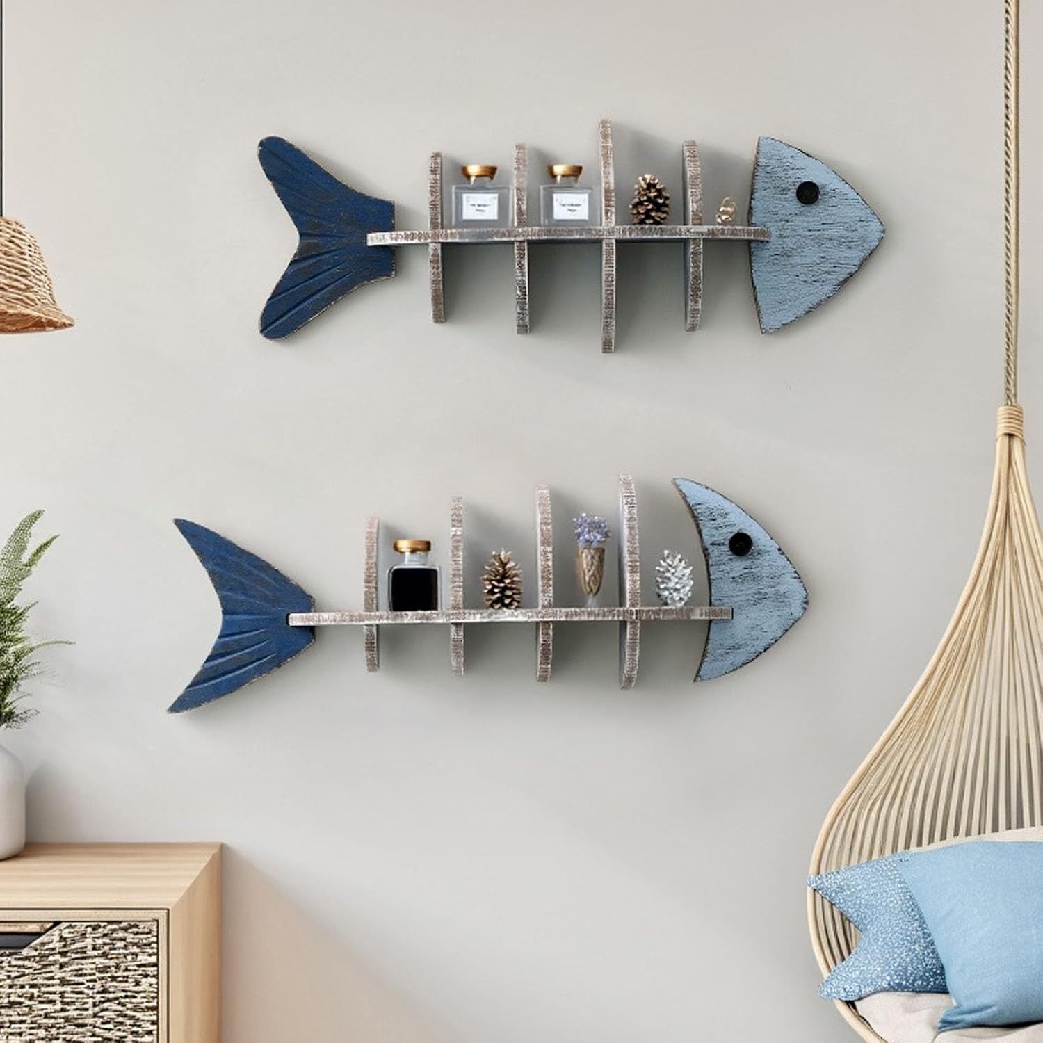 Wooden Fishbone Wall Decor, 27" Wood Fish Beach Wall Decor Display Shelf, Mediterranean Style Fish Hanging Wall Art Decor, Vintage Fishbone Decor for Home Lake House, Study, Bedrooms Decor (B)