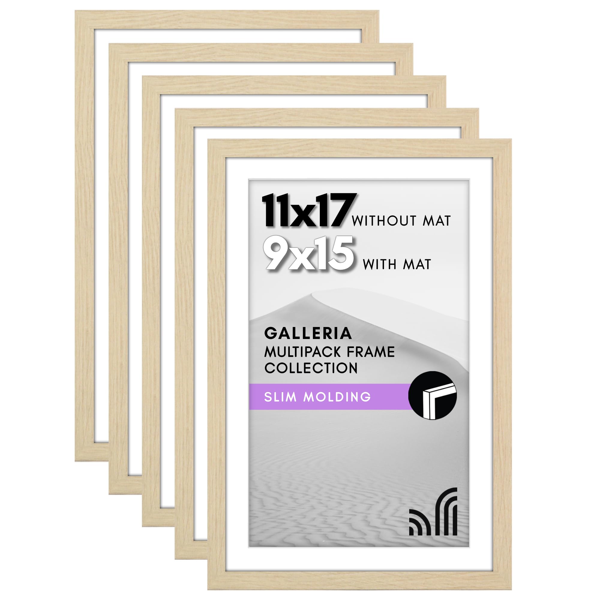 Americanflat 11x17 Picture Frame With Polished Plexiglass - Set of 5 - Use as 9x15 With Mat or 11x17 Without Mat - Galleria Collection - Gallery Wall Set for Wall - Natural Oak