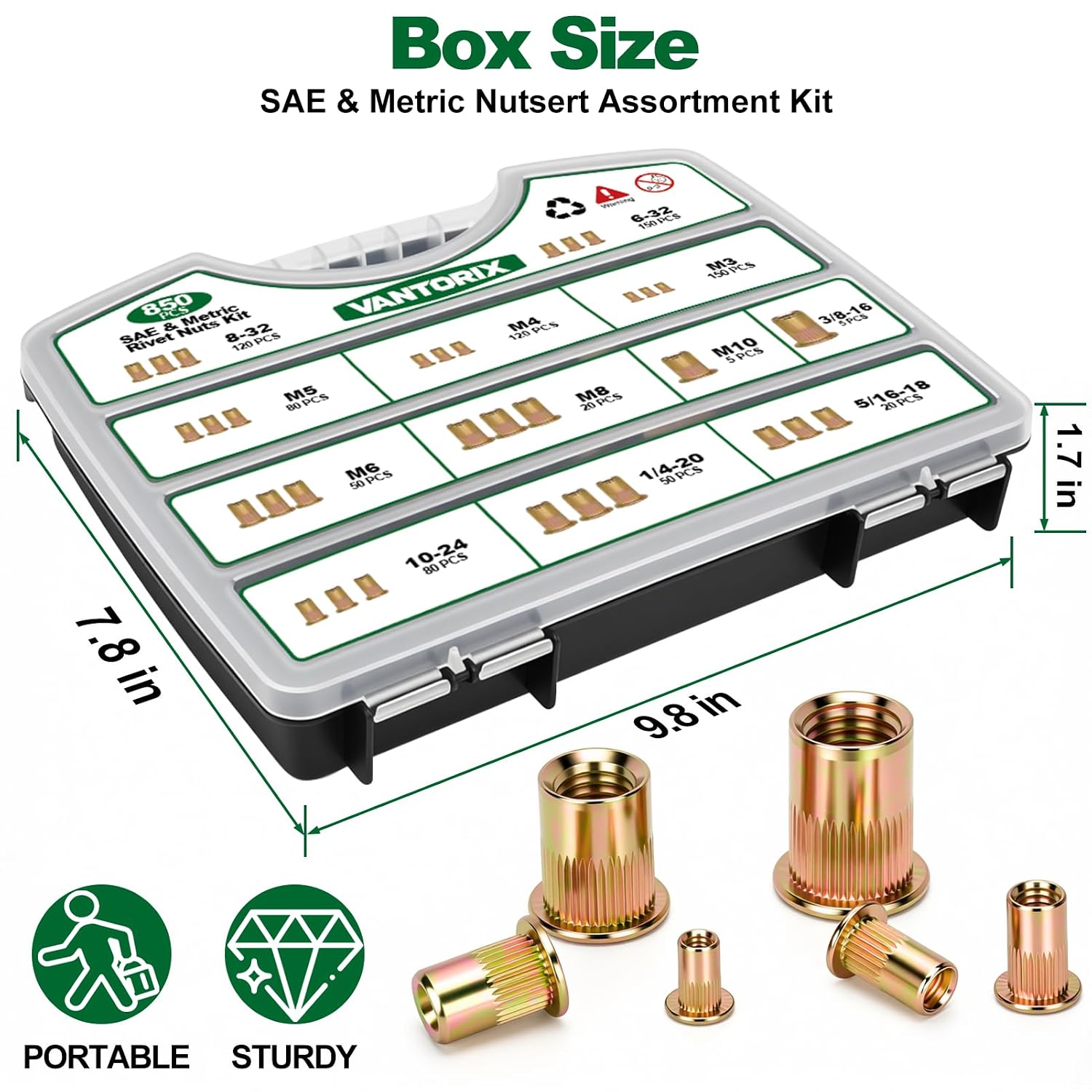 850 Pcs SAE & Metric Rivet Nut Kit, Flat Head Threaded Inserts