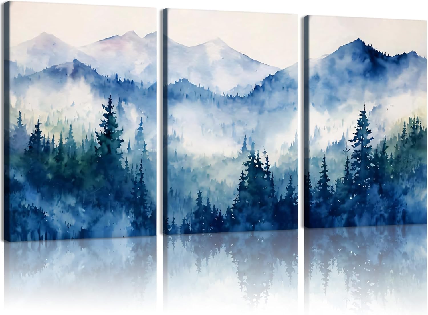 3 Pcs Framed Mountain Forest Canvas Wall Art Watercolor Natural Style Posters Prints Tranquil and Natural Blue Tones Wall Decor Artwork for Living Rooms Offices Bedroom etc 12x16 Inch