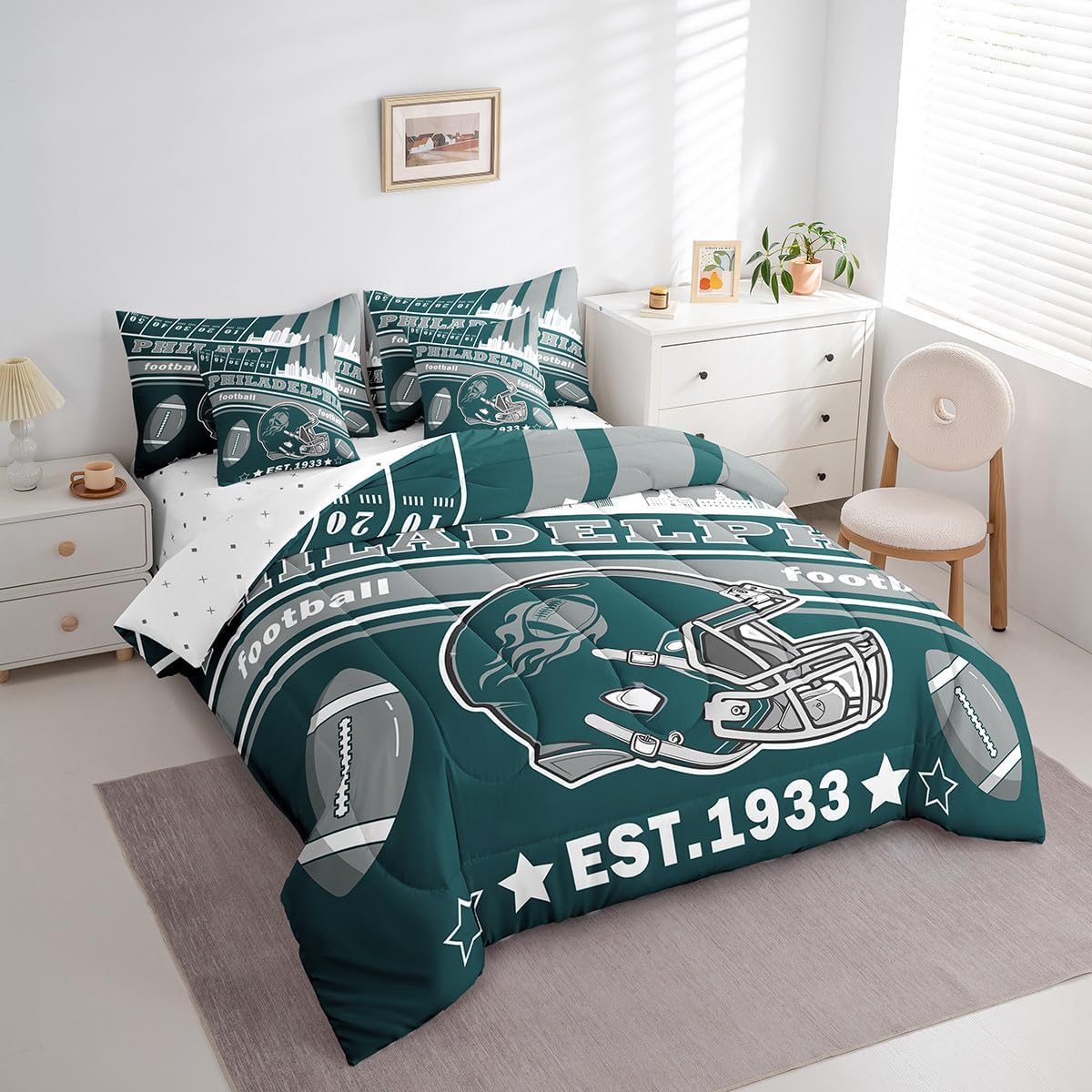 Feelyou Football 7 Pieces Comforter Sets Queen Size Kids Rugby Sports Bedding Set for All Season Football City Bed in a Bag with Comforter, Sheets, Pillowcases & Cushion Cover