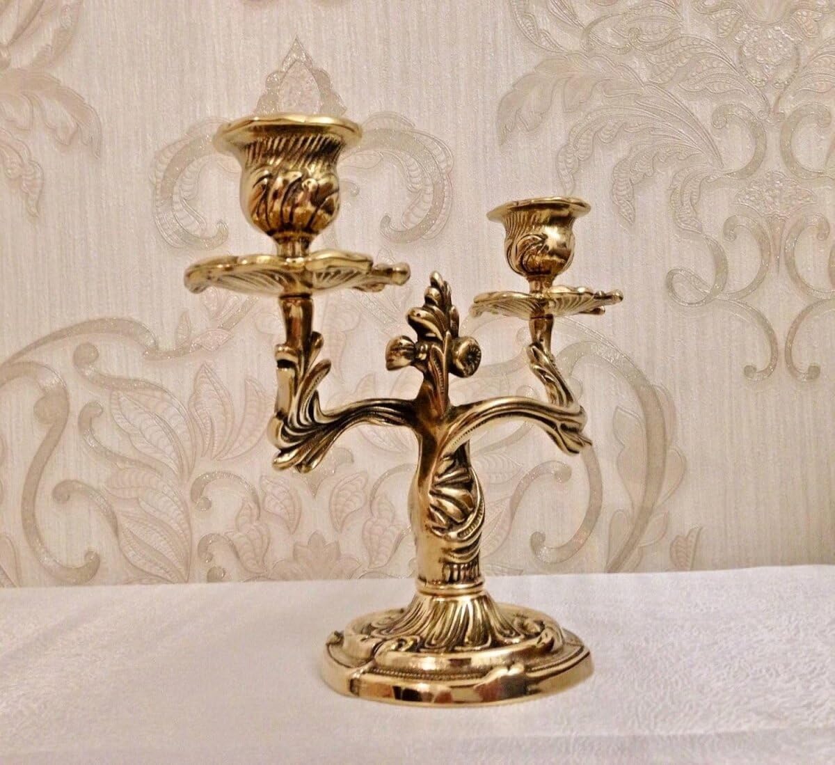 100% ottone anticato, candelabro a 2 fiamme, oro 18 cm, massiccio candelabro da tavolo