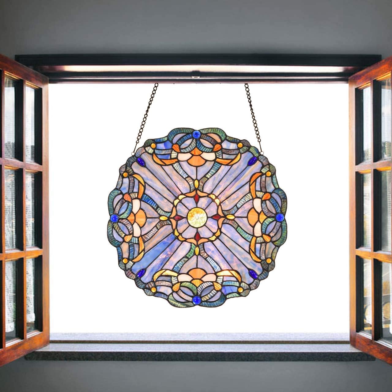 Bieye W10069 Baroque Tiffany Style Stained Glass Window Panel, Round Shape, 16 inches Wide