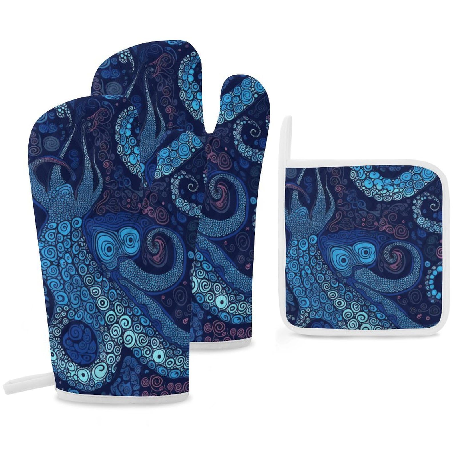 Gants de cuisine et maniques pieuvre bleue isolants anti-brûlure accessoire de cuisson