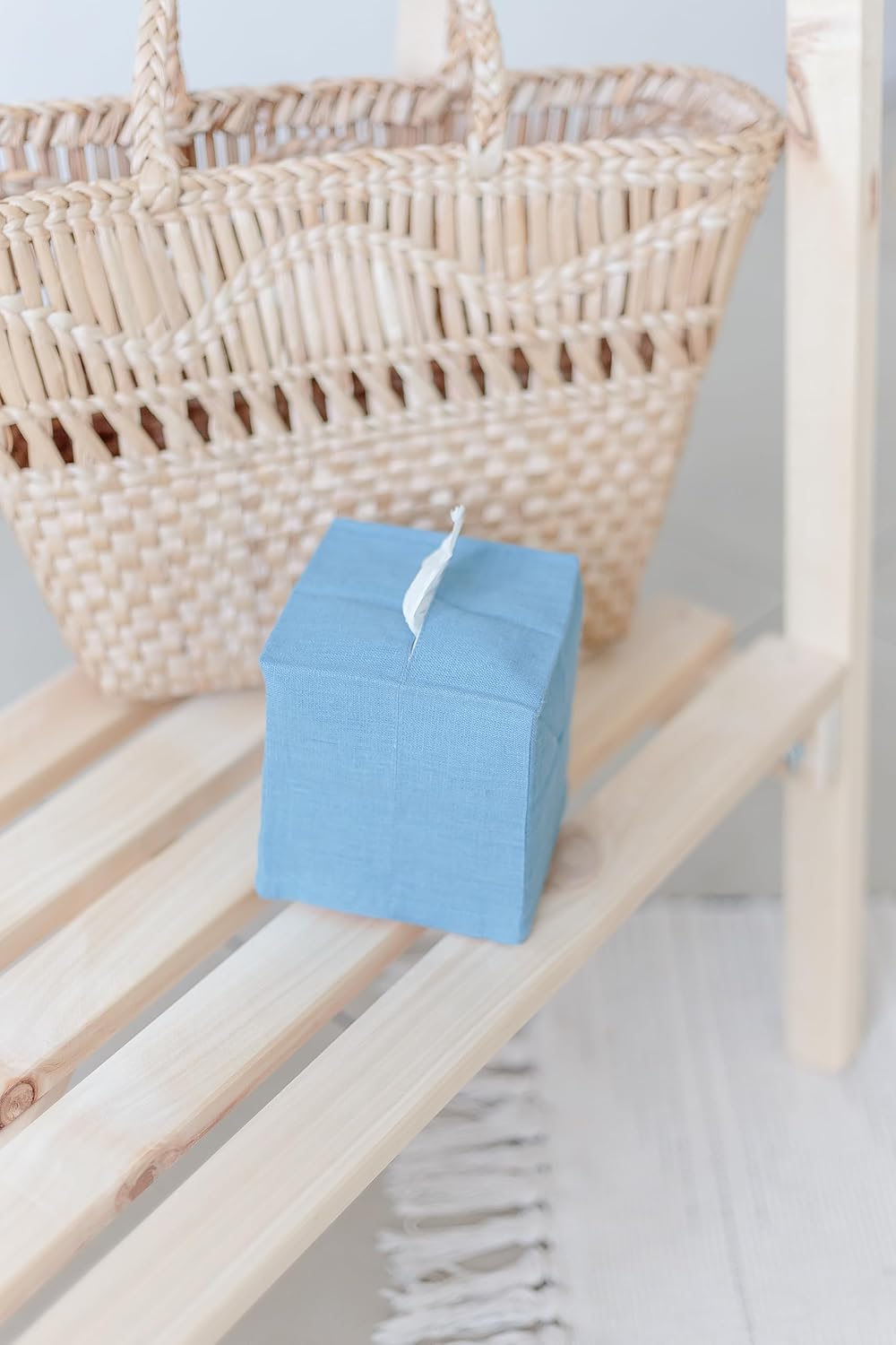 Linen Tissue Box Cover. Square Tissue Box Holder for Bathroom and Office. Coffee Table Decor. (Blue Grey)