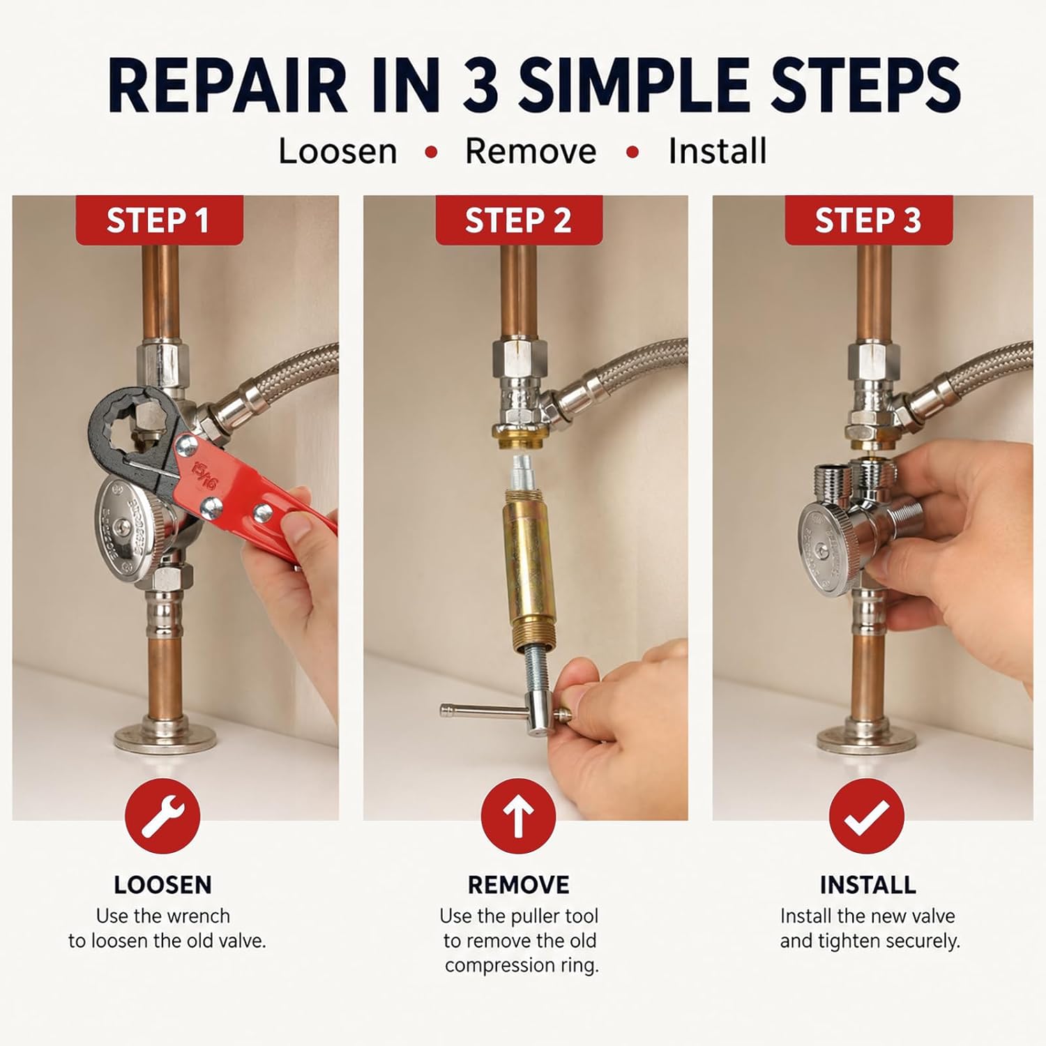 6 Pcs Angle Stop Wrench Kit with 1/2" Compression Sleeve Puller | Professional Plumbers Wrench for Frozen/Corroded Angle Stop, Fits 15/16- and 5/8-Inch Nuts