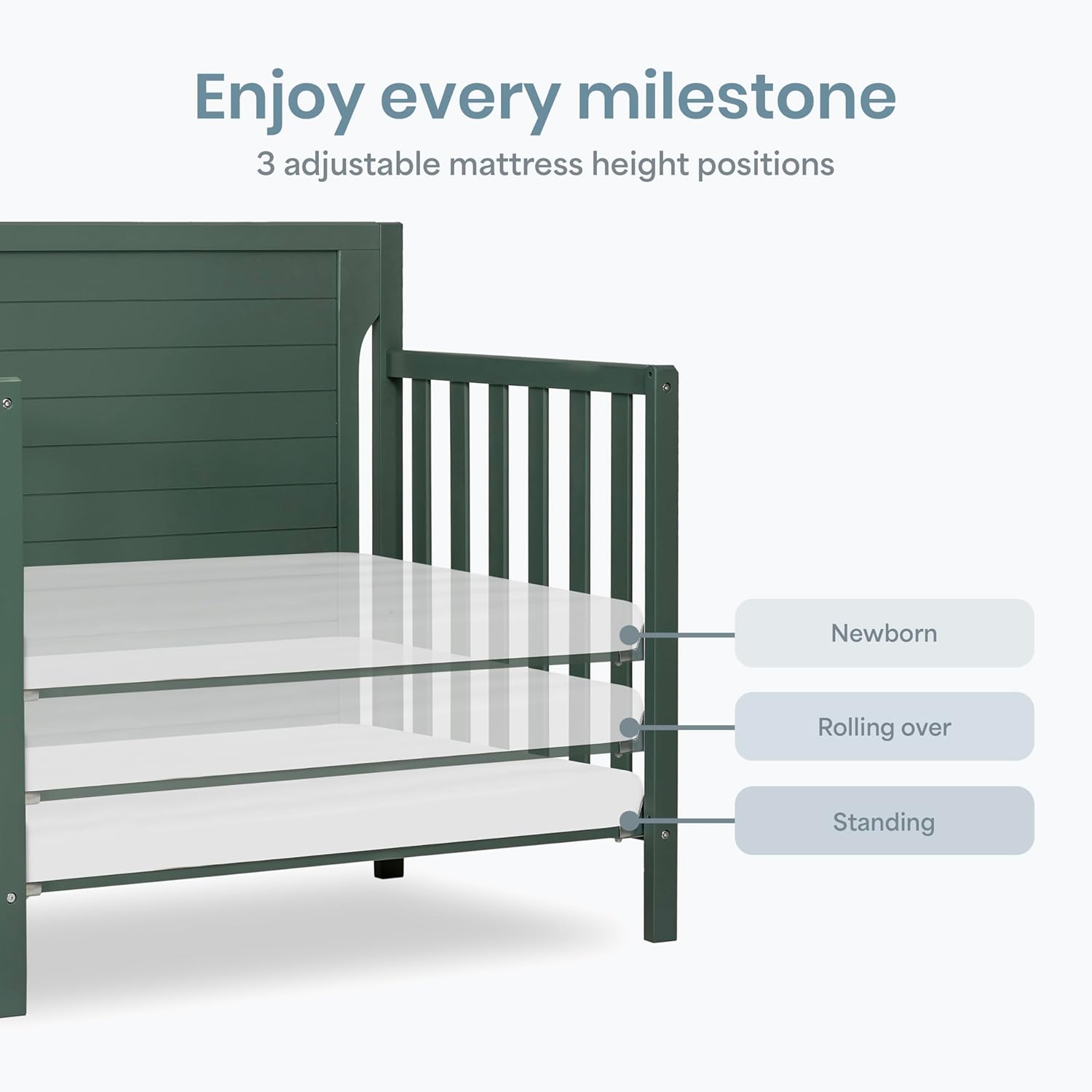 Dream On Me Bellport 4-in-1 Convertible Mini Baby Crib, Compact Design in Safari Green, GreenGuard Gold & BSA, Non-Toxic, Pinewood, Converts to Mini Daybed & Twin Bed, 1″ Mattress Pad