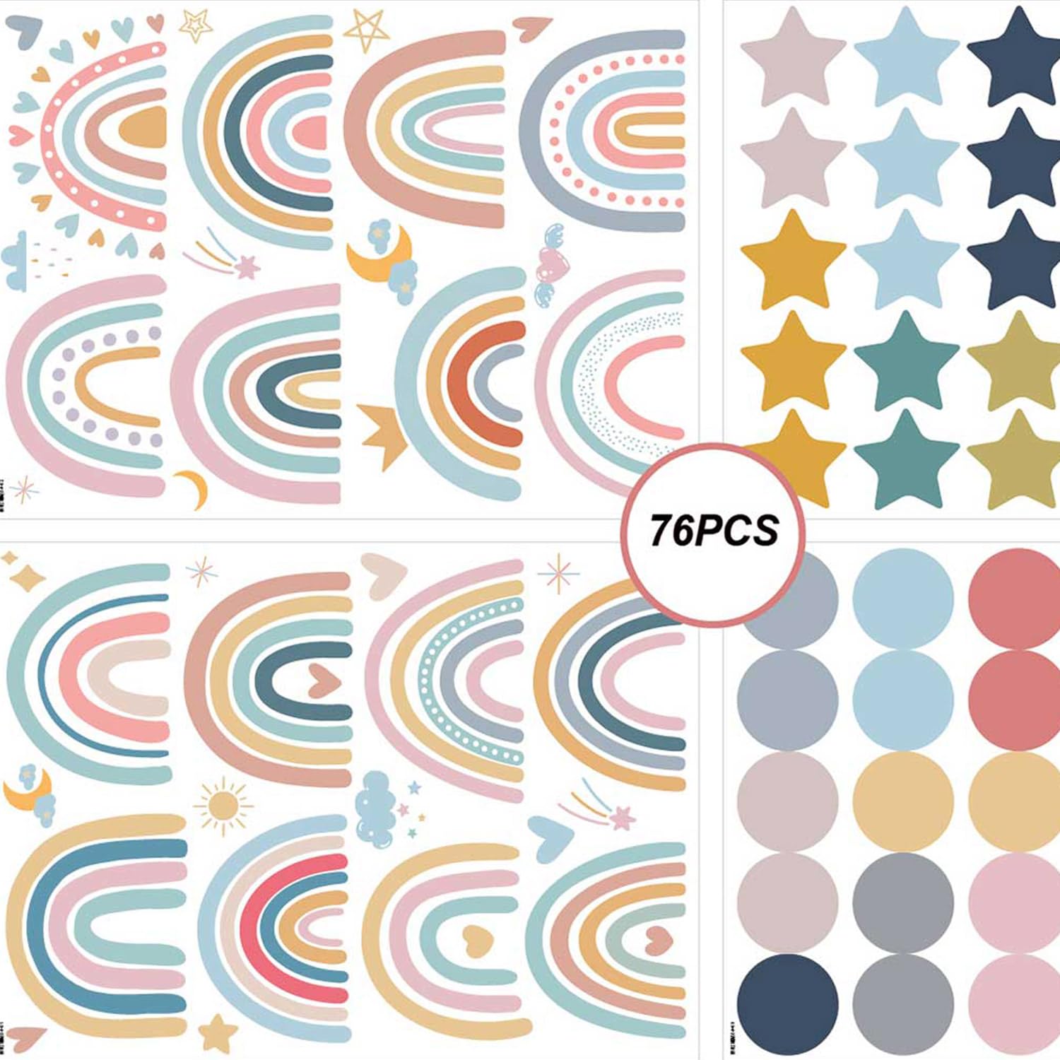 Calcomanías de pared arcoíris para habitación de los niños, 4 hojas, 76 calcomanías de pared bohemias de estrellas y puntos, decoración de guardería, sala de juegos, aula, arte de pared