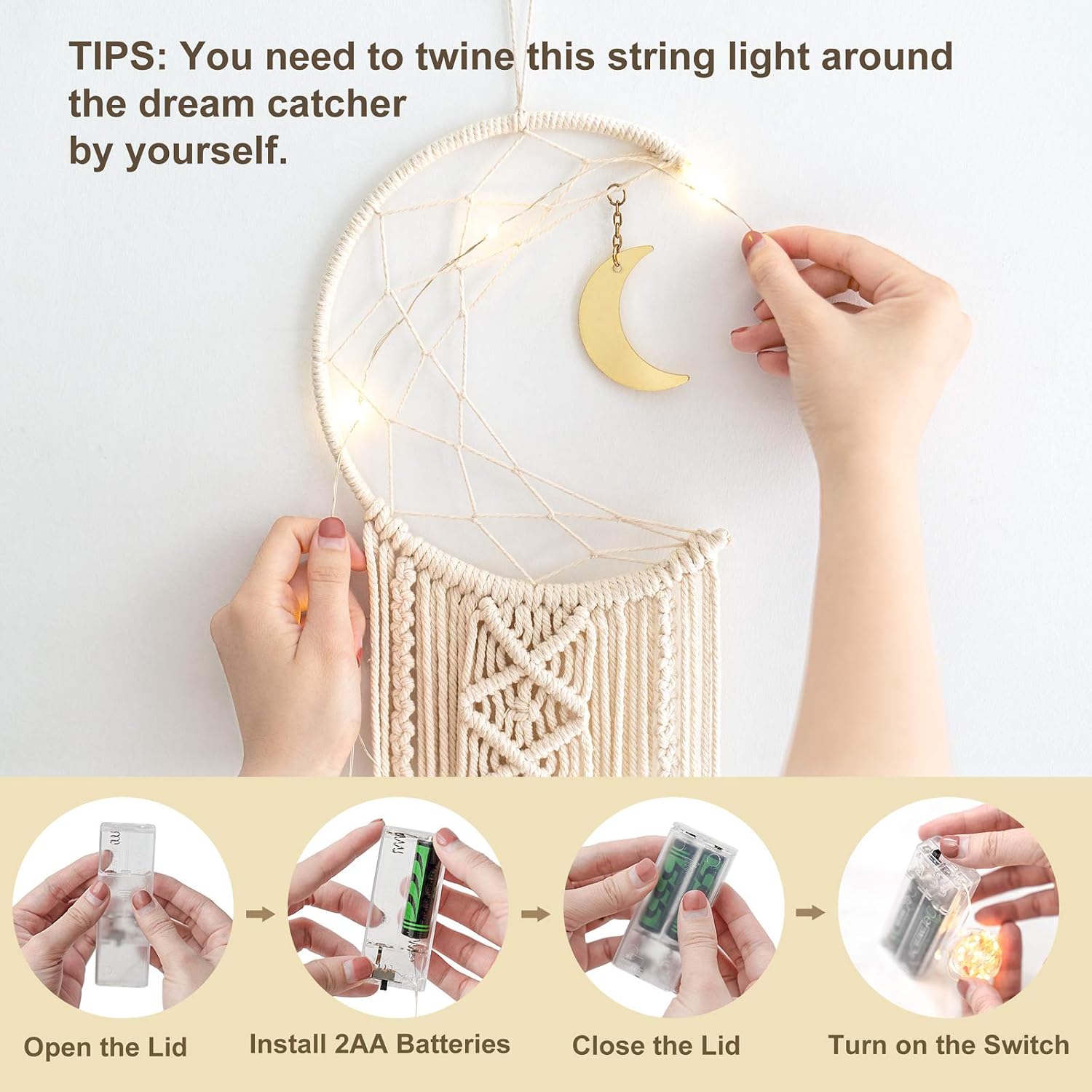 Mkono 2 Pack Macrame Dream Catcher with String Lights Boho Wall Hanging Decor Handmade Circle Moon Dreamcatcher Girls Room Decor for Bedroom Living Room Nursery Dorm, 8''W x 32''L
