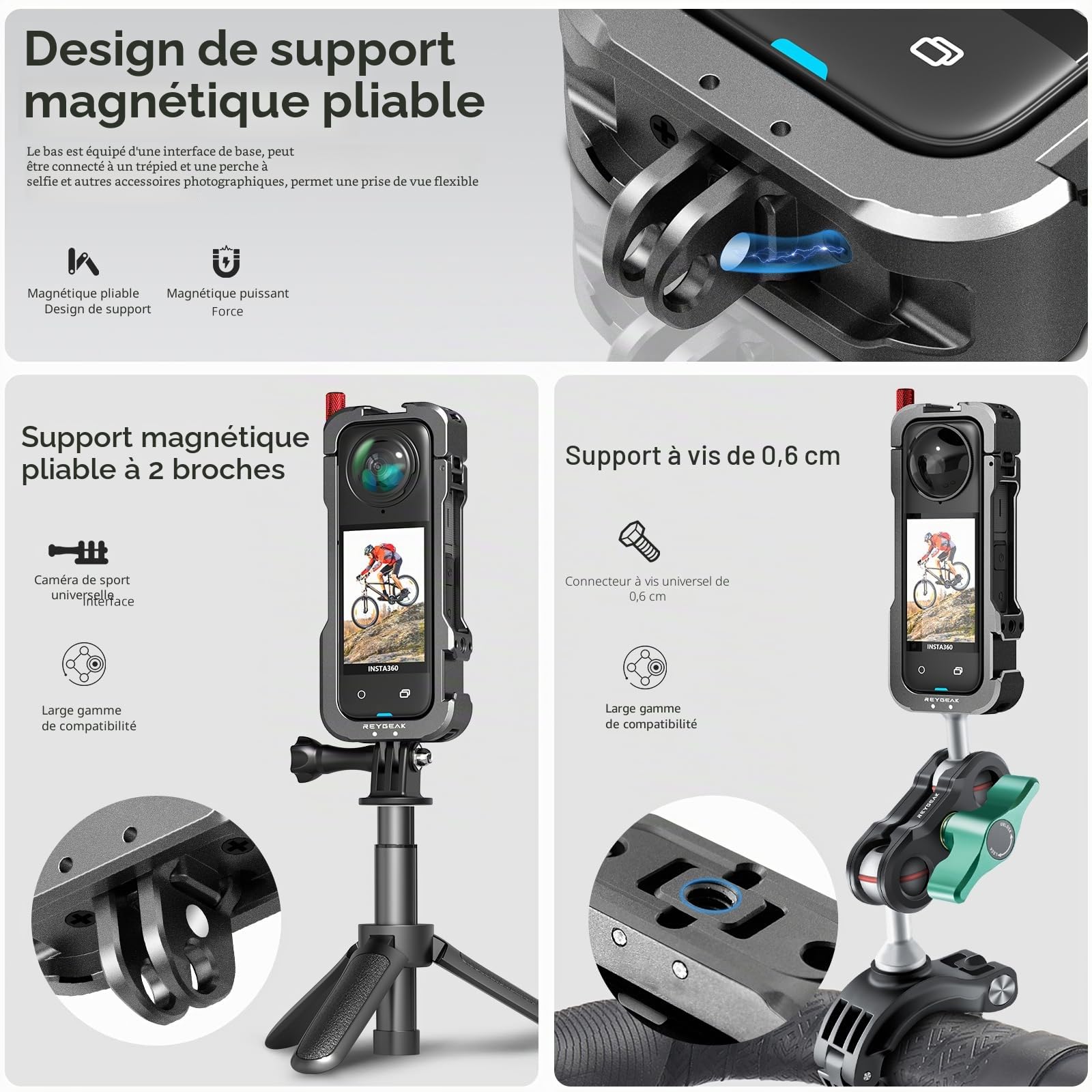 REYGEAK Coque pour Insta360 X4, Cadre Utilitaire en Aluminium pour Insta360 X4, Cage de Protection avec Couvercle d'objectif en Silicone, Interface Griffe avec Filetage 6,35 mm, Doigts Pliables
