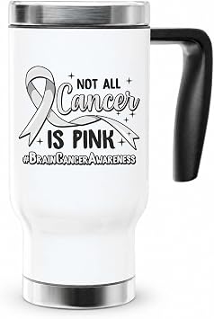 Brain Cancer Awareness Travel Mug - 14oz Stainless Steel Insulated Coffee Cup with Gray Ribbon - Thoughtful Gift for Warriors & Survivors for National Brain Cancer Month