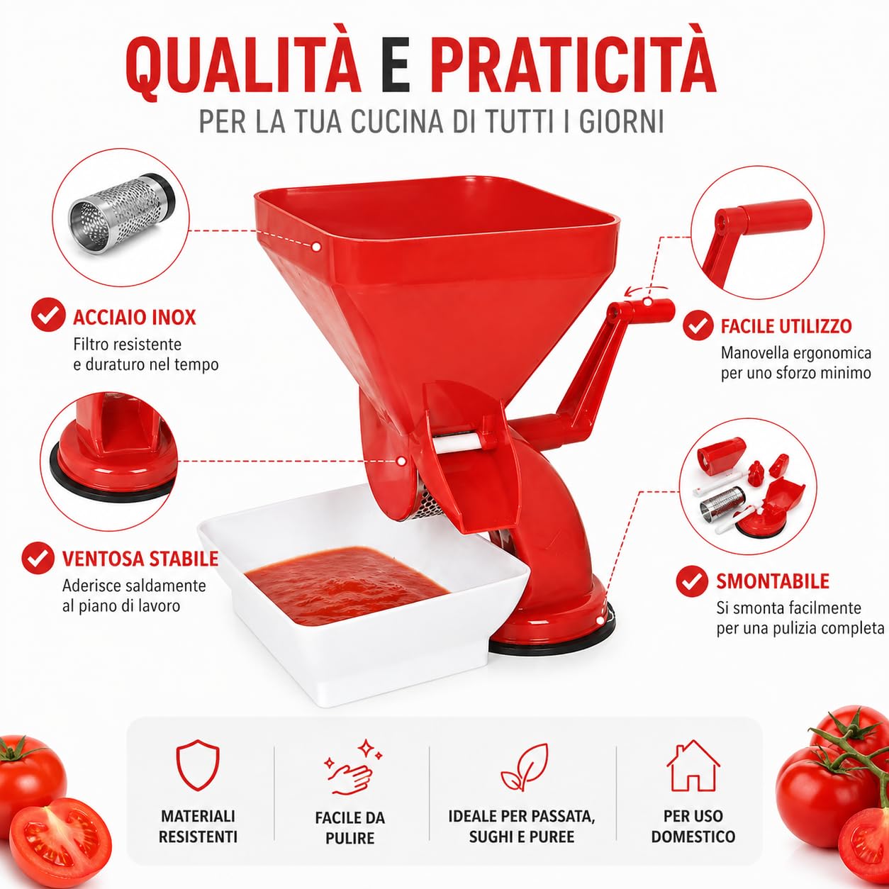 Spremipomodoro manuale con ventosa, passapomodoro per salsa in acciaio inox e corpo resistente, macchina per salsa fatta in casa, smontabile e lavabile in lavastoviglie