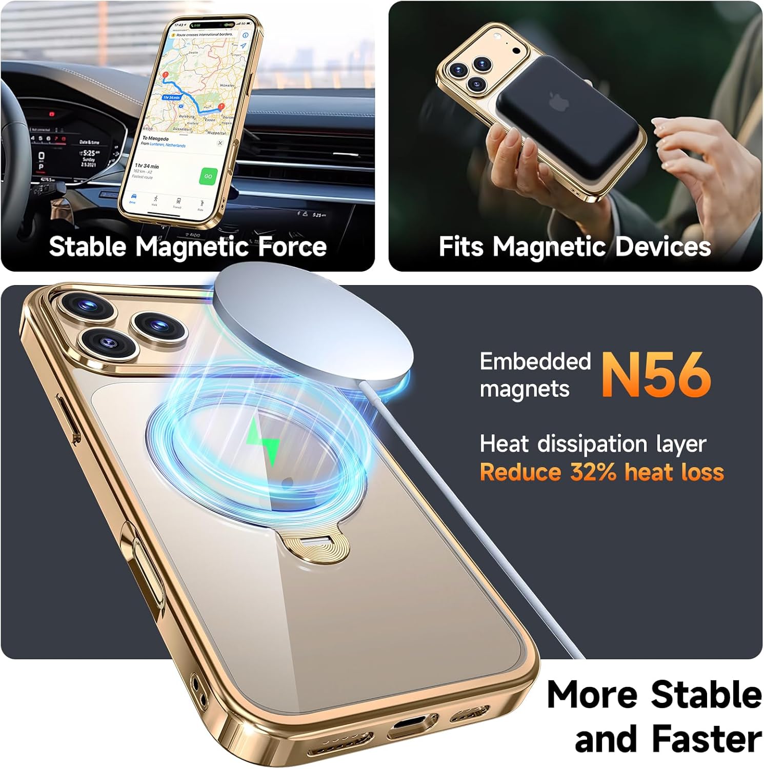 [Tri-Shield Protection] for iPhone 17 Pro Case with 360° Spin Stand Compatible with MagSafe [Magnetic CD Ring] [Screen & Camera Lens Protector] Shockproof Plating Never-Yellowing, Gold-6.3"