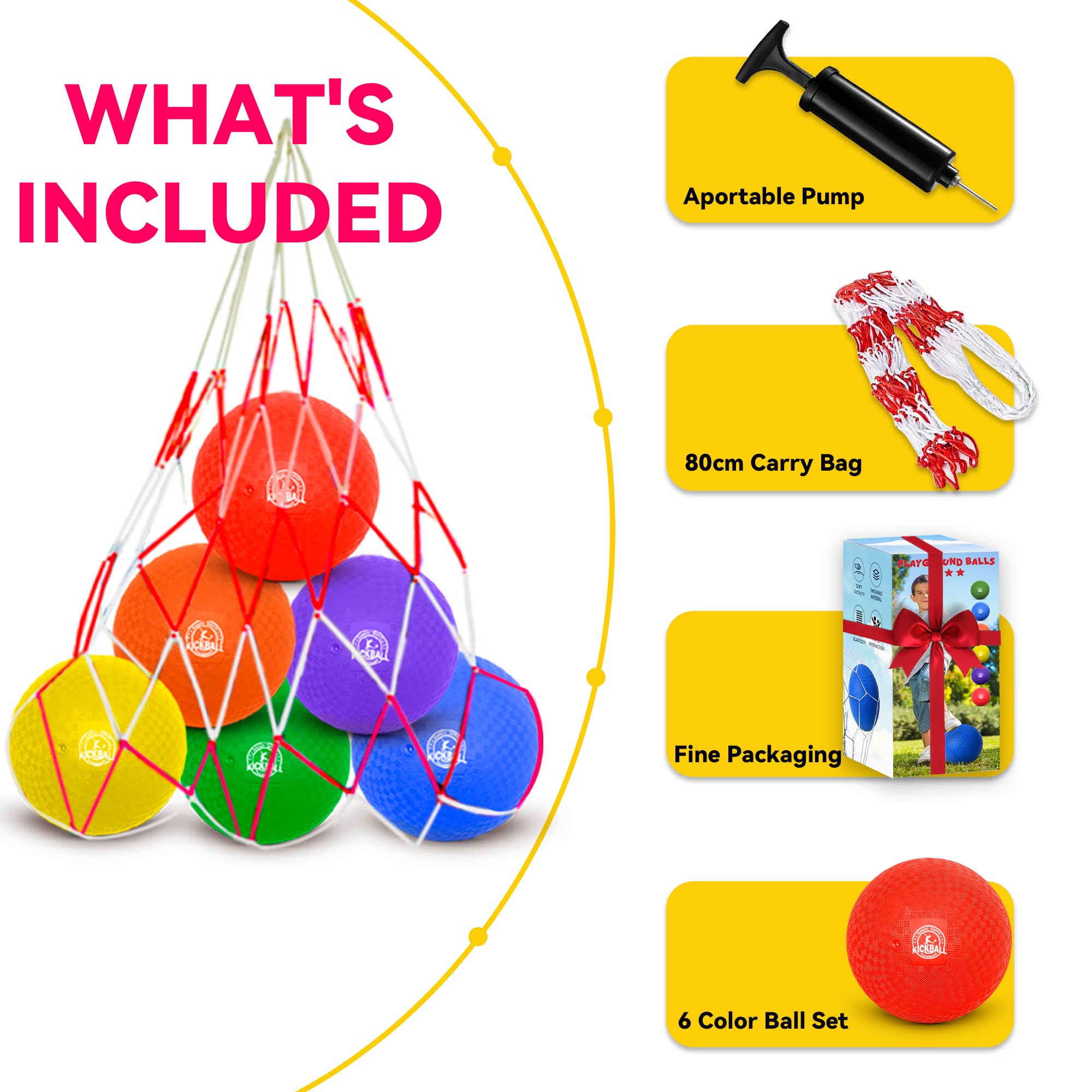 Juego de kickball de 8.5 pulgadas, paquete de 6 bolas de Dodgeballs, paquete de 12, pelotas de juegos para niños y adultos, pelotas rebotantes incluye bomba y bolsa de almacenamiento, balón para 4