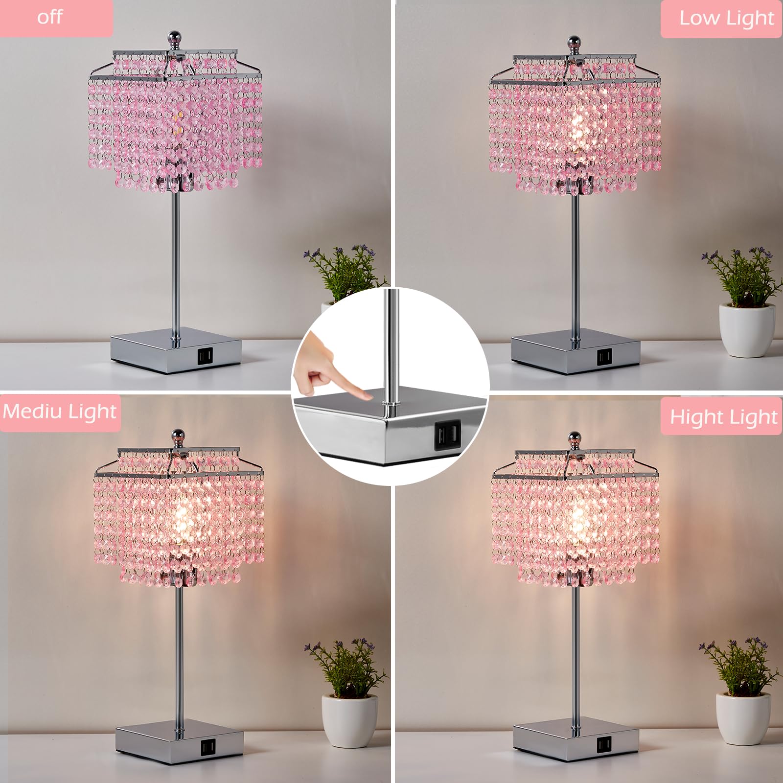 Silver Crystal Table Lamp,3 Way Dimmable Bedside Lamp With 2 USB Ports - View #6