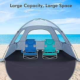 WhiteFang Beach Tent Anti-UV Portable Sun Shade Shelter for 6 Person, Extendable Floor with 3 Ventilating Mesh Windows Plus Carrying Bag, Stakes and Guy Lines (Sierra Blue)