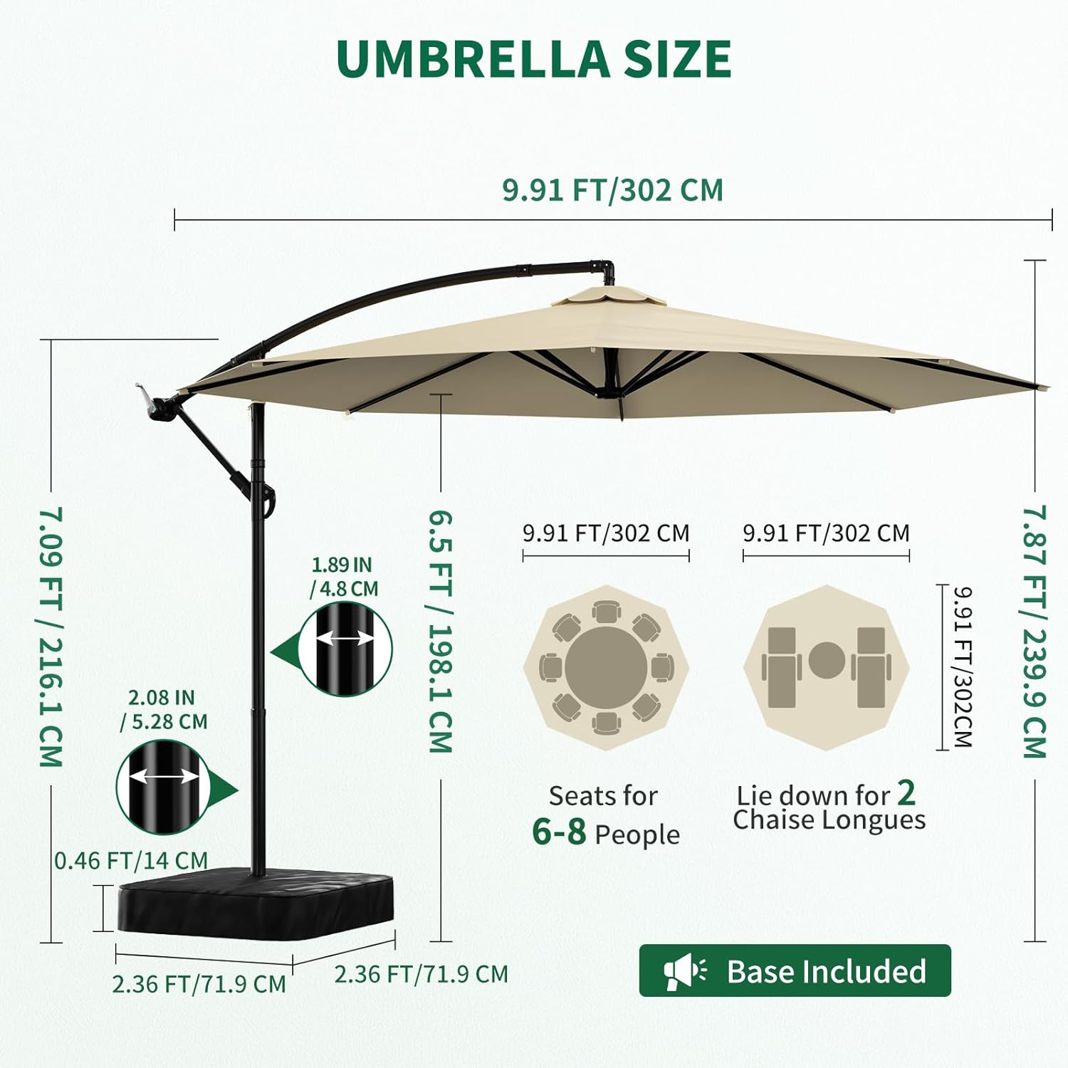10FT Patio Umbrella with Base, Outdoor Umbrella Pool Umbrella Cantilever Umbrells - UV Protection, Easy Tilt & 360° Rotation for Poolside, Backyard & Garden