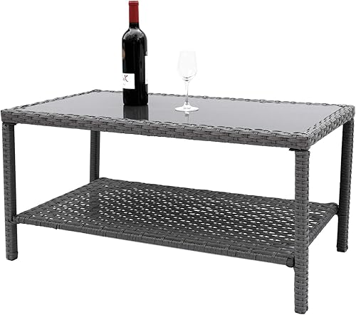 Miniatura 4 de C-Hopetree Mesa auxiliar de café pequeña para almacenamiento de patio exterior, mimbre gris para todo tipo de clima con parte superior de vidrio,