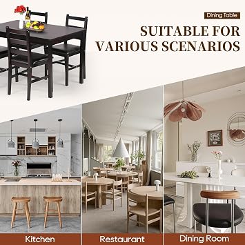 FDW | 5-Piece Solid Wood Dining Table Set for 4 | Brown | Space-Saving Design | Smooth Easy-to-Clean Surface | Pine Kitchen Table with Upholstered Chairs | for Dining Room, Apartment, Restaurant