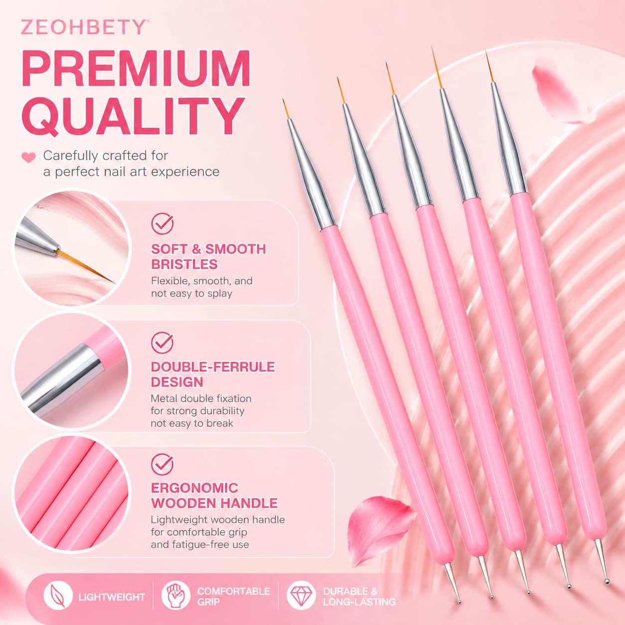 Pennelli per nail art, 5 pennelli per nail art, strumenti per punteggiare, set di pennelli per disegno artistico per linee lunghe, dettagli sottili, dimensioni 7/9/11/15/22 mm, rosa