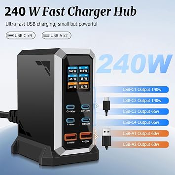 240W USB C Charger Block - 6 Port Multi Port USB C Fast Charging Station, GaN PD 140W 65W/QC 60W Laptop Charger Hub with LCD Display for MacBook, iPad, Galaxy, iPhone 17/16/15 Pro(Black)