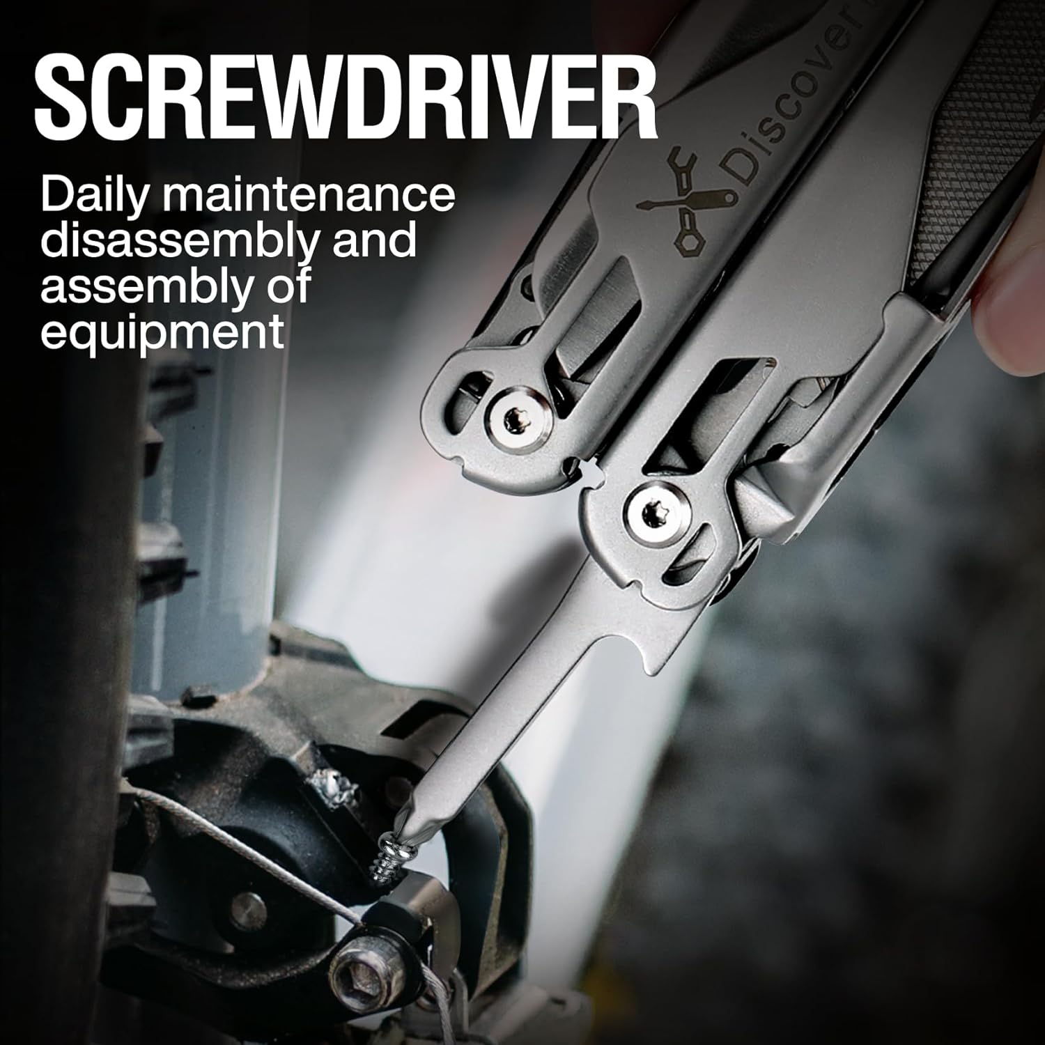 A hand using the MIAOKE Multitool's screwdriver to tighten a screw on a bicycle component.