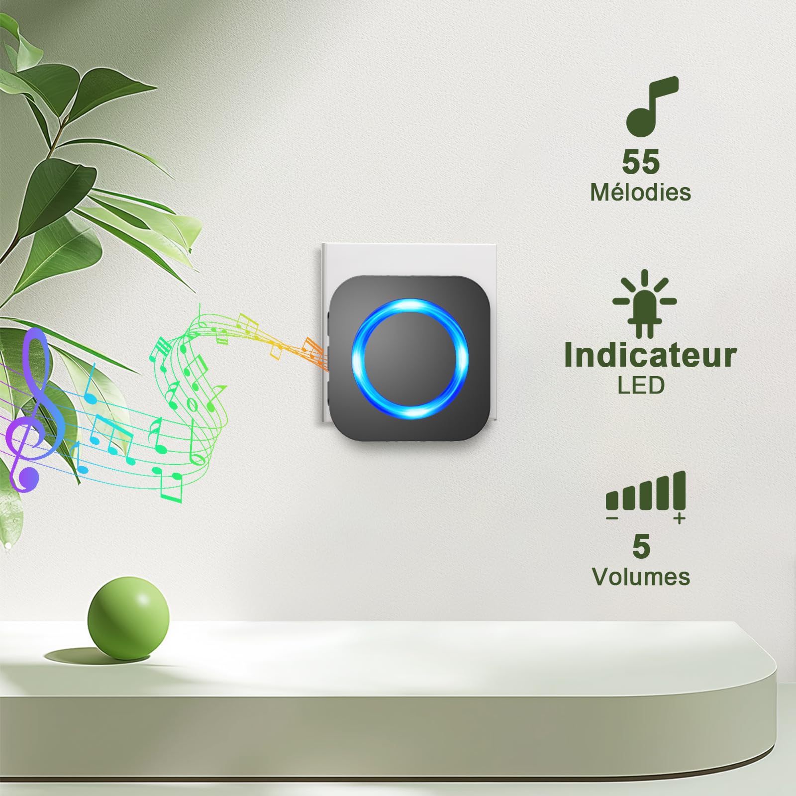 SURFOU Sonnette sans Fil, 400M Longue Portée Carillon et Sonnettes Electronique Kit avec 3 Récepteurs Exterieur Enfichables, 55 Mélodies au 5 Niveaux Volumes pour Maison, Indicateur LED Bleu, Noir