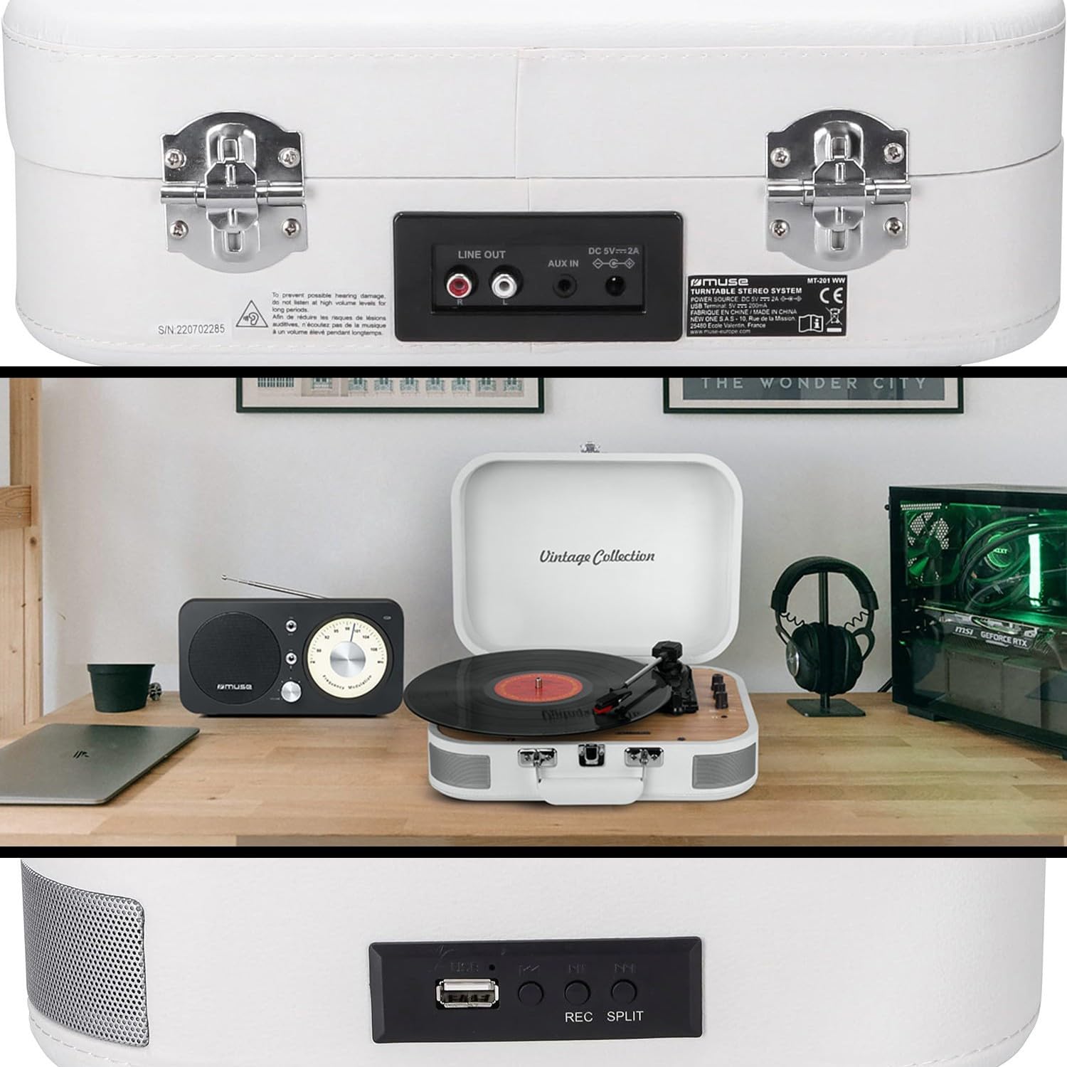 Platine Vinyle stéréo Muse MT201-WW, 33/45/78 TRS - Enceintes intégrées - Bluetooth USB Lecture/Encodage SD/AUX - Bois et Blanc