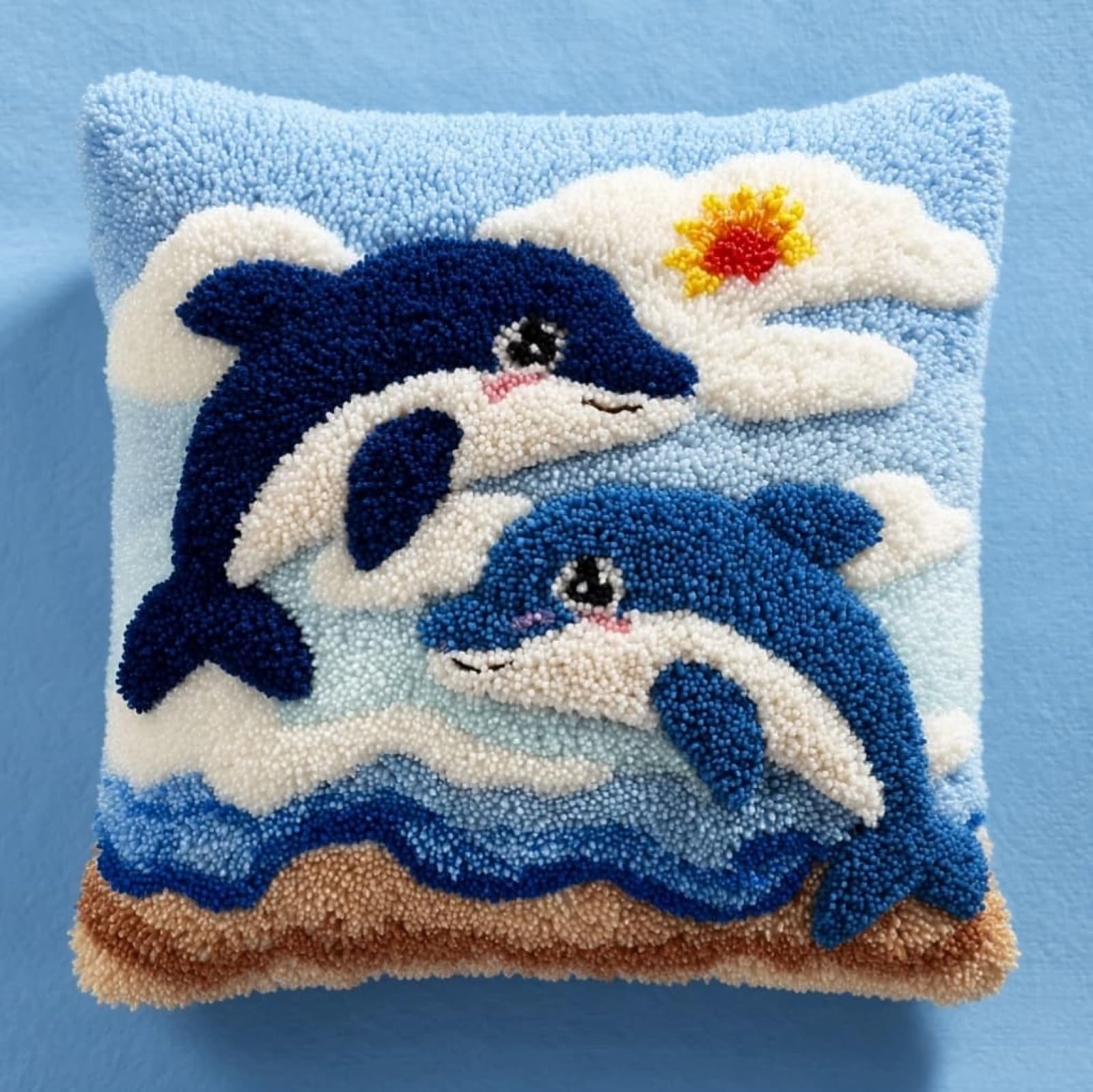 AxiangziK Latch Hook Pillow Making Kit 43x43cm,Two Dolphins Complete Set with Hook Tool & Instructions - Sofa Cushion Cover DIY Craft for Adults