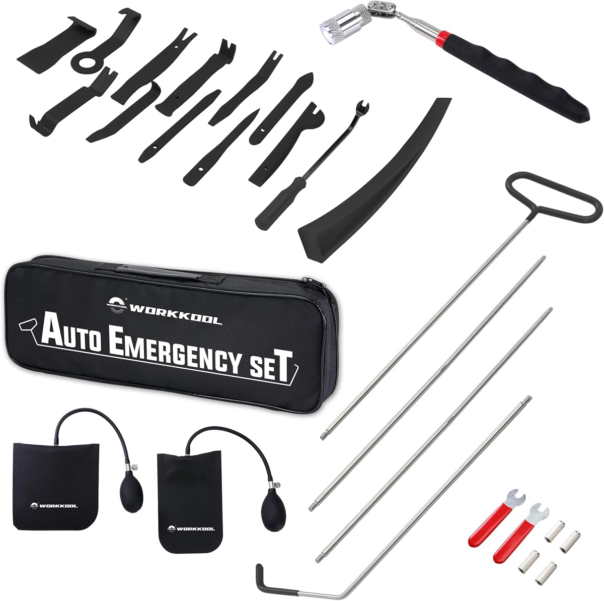 26PCS Car Tool Kit with Stainless Steel Assorted 5th Wheel Pin Puller,68 inches Long Distance Puller Hook, Air Wedge and Magnetic Pickup Tool with Flashlight