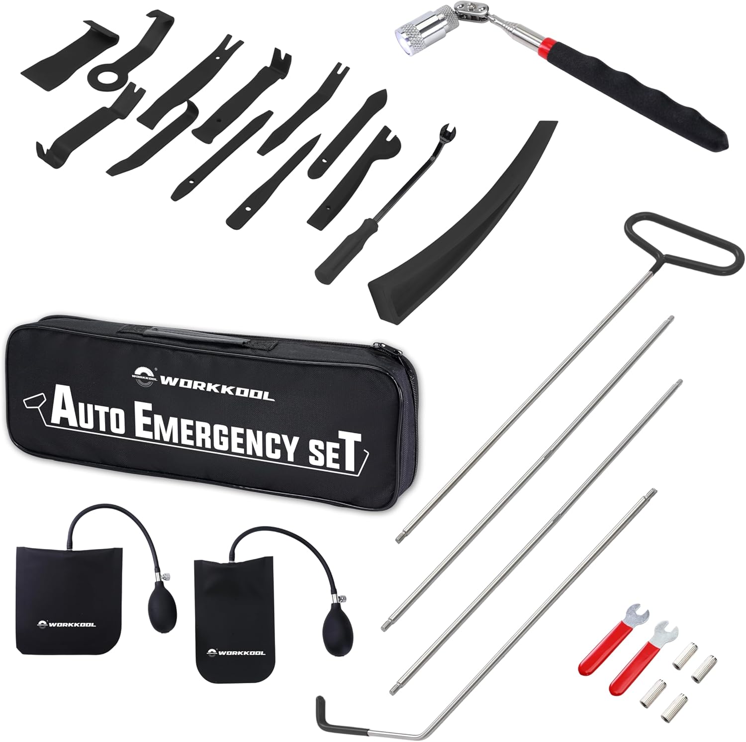 26PCS Car Tool Kit with Stainless Steel Assorted 5th Wheel Pin Puller,68 inches Long Distance Puller Hook, Air Wedge and Magnetic Pickup Tool with Flashlight