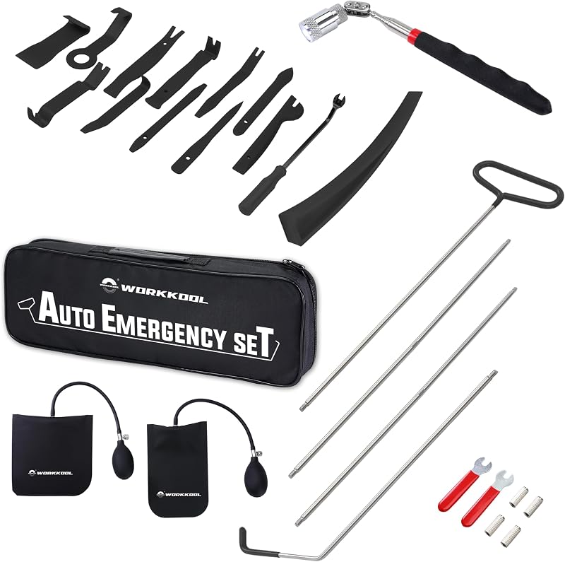 26PCS Car Tool Kit with Stainless Steel Assorted 5th Wheel Pin Puller,68 inches Long Distance Puller Hook, Air Wedge and Magnetic Pickup Tool with Flashlight